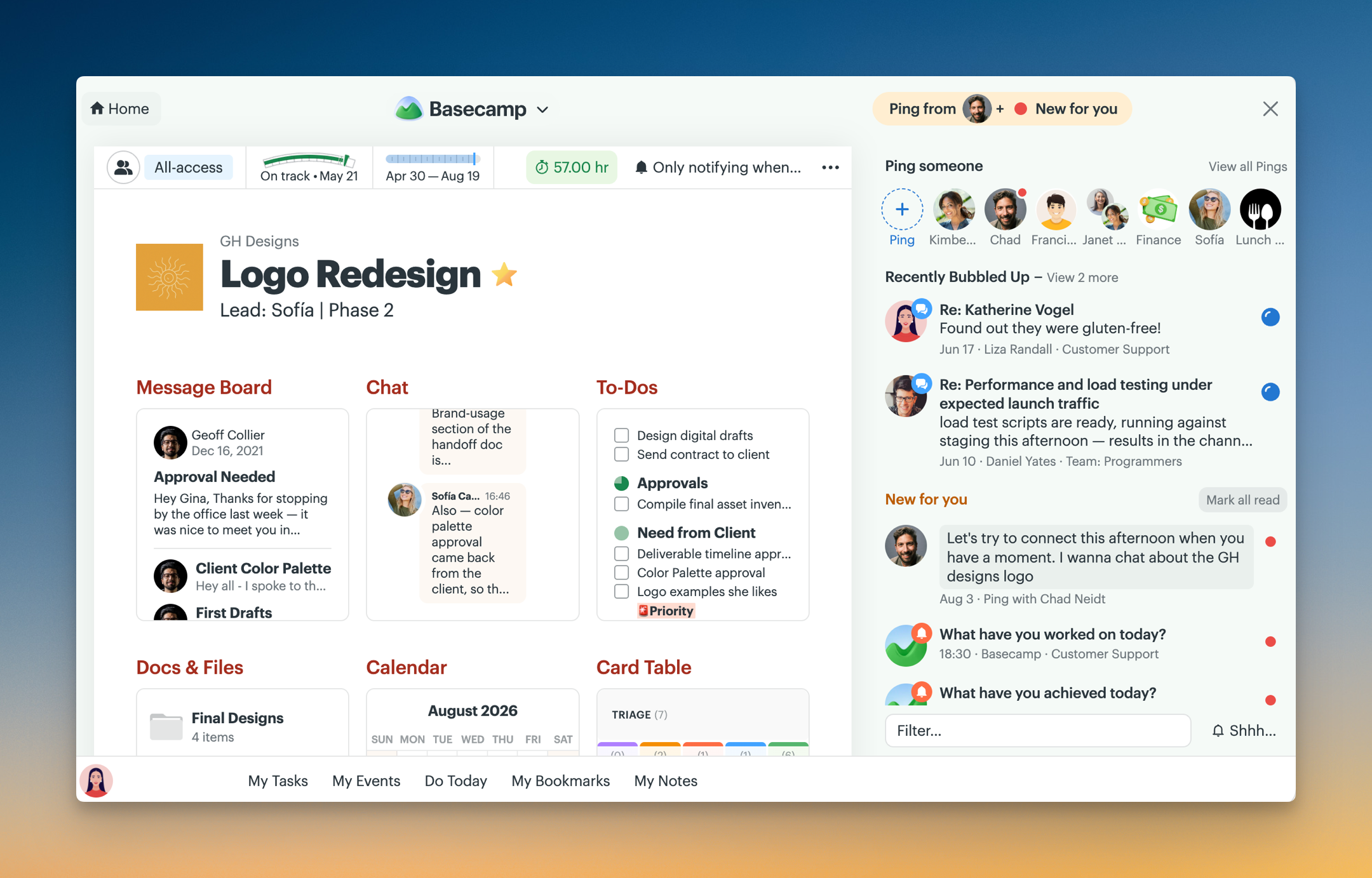 Screenshot of a project with the notification sidebar opened showing two Bubbled up notifications, a new Ping, and 2 new notifications for automatic check-in questions..