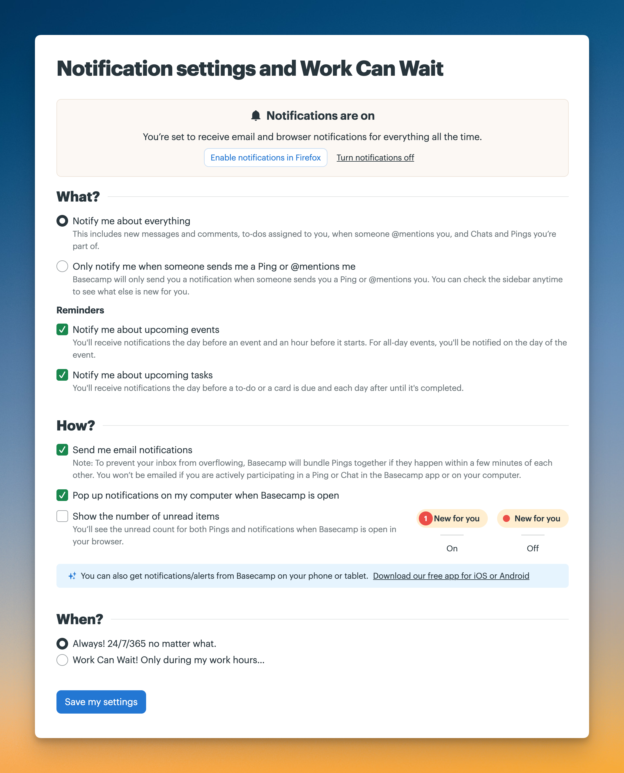 Screenshot of a client's notification settings page.
