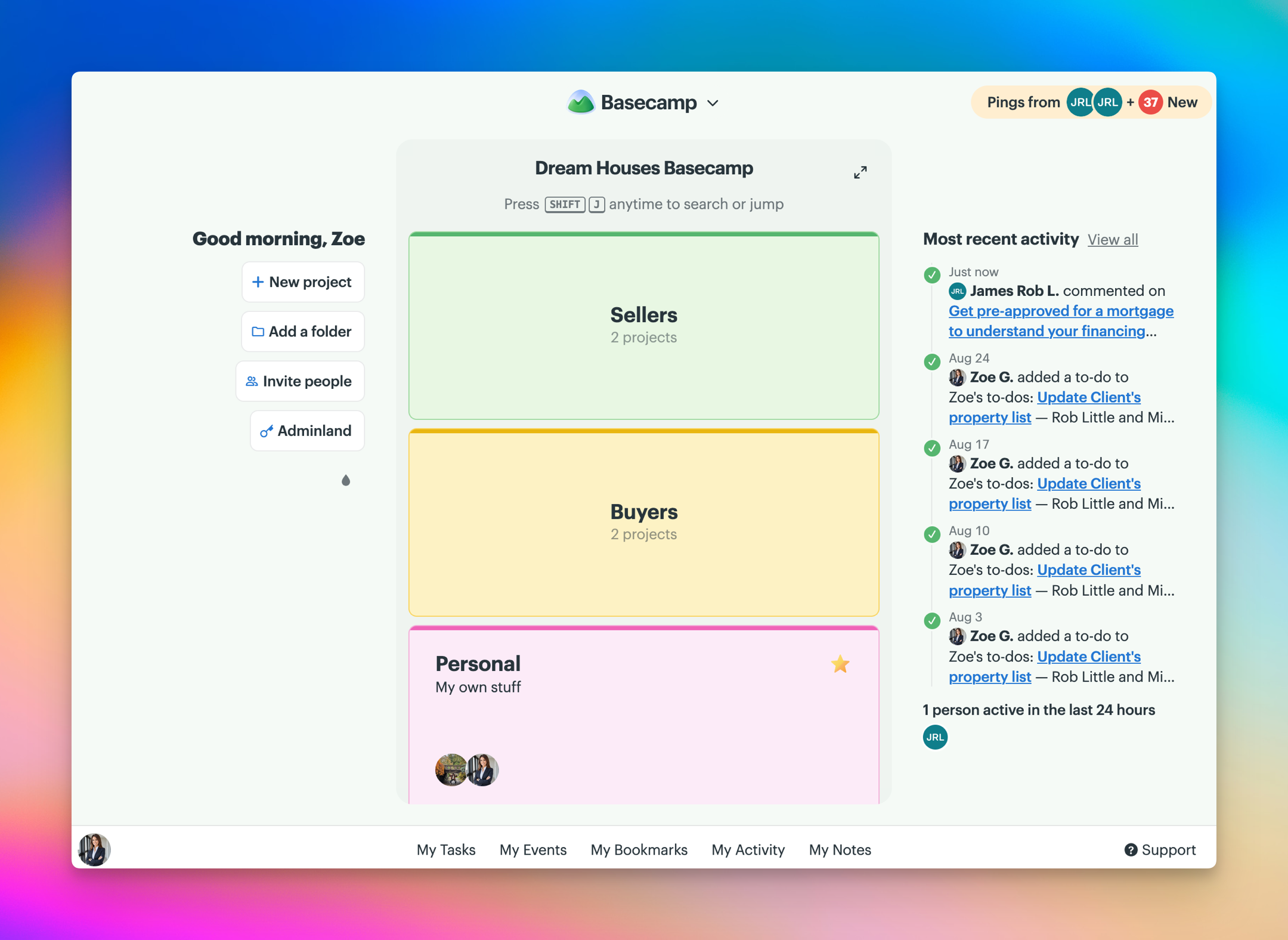 Screenshot of a Basecamp Home screen for an account named Dream Houses. You can see list of your projects and recent activity on this screen.