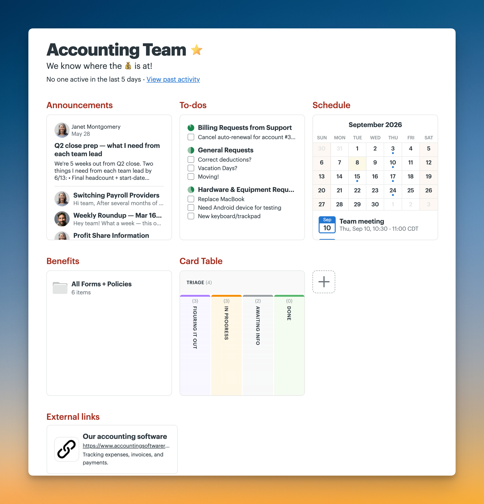 Basecamp Accounting Team project showing Announcements, To-dos, Schedule, Benefits, a Card Table, and an external link to accounting software.