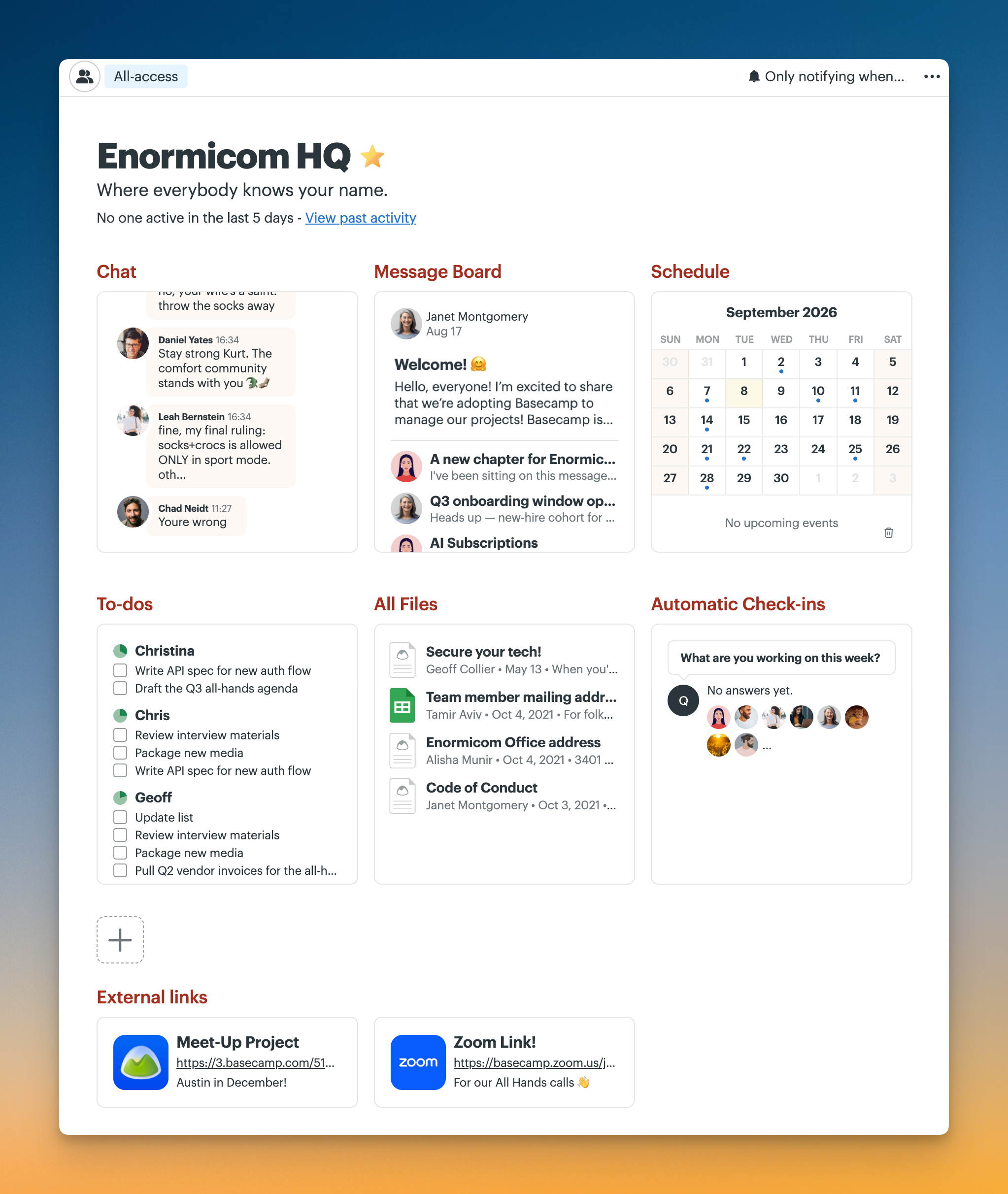 Basecamp HQ project showing Chat, Message Board, Schedule, To-dos, Files, Automatic Check-ins, and external links in an All-access project.