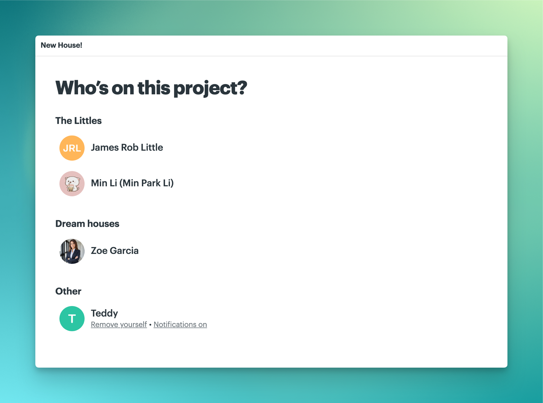 Screenshot of the People who can access page showing all the folks a part of the project. There is no option to add or remove another user on the project, but the outside collaborator can remove themselves from the project and adjust their project notifications.