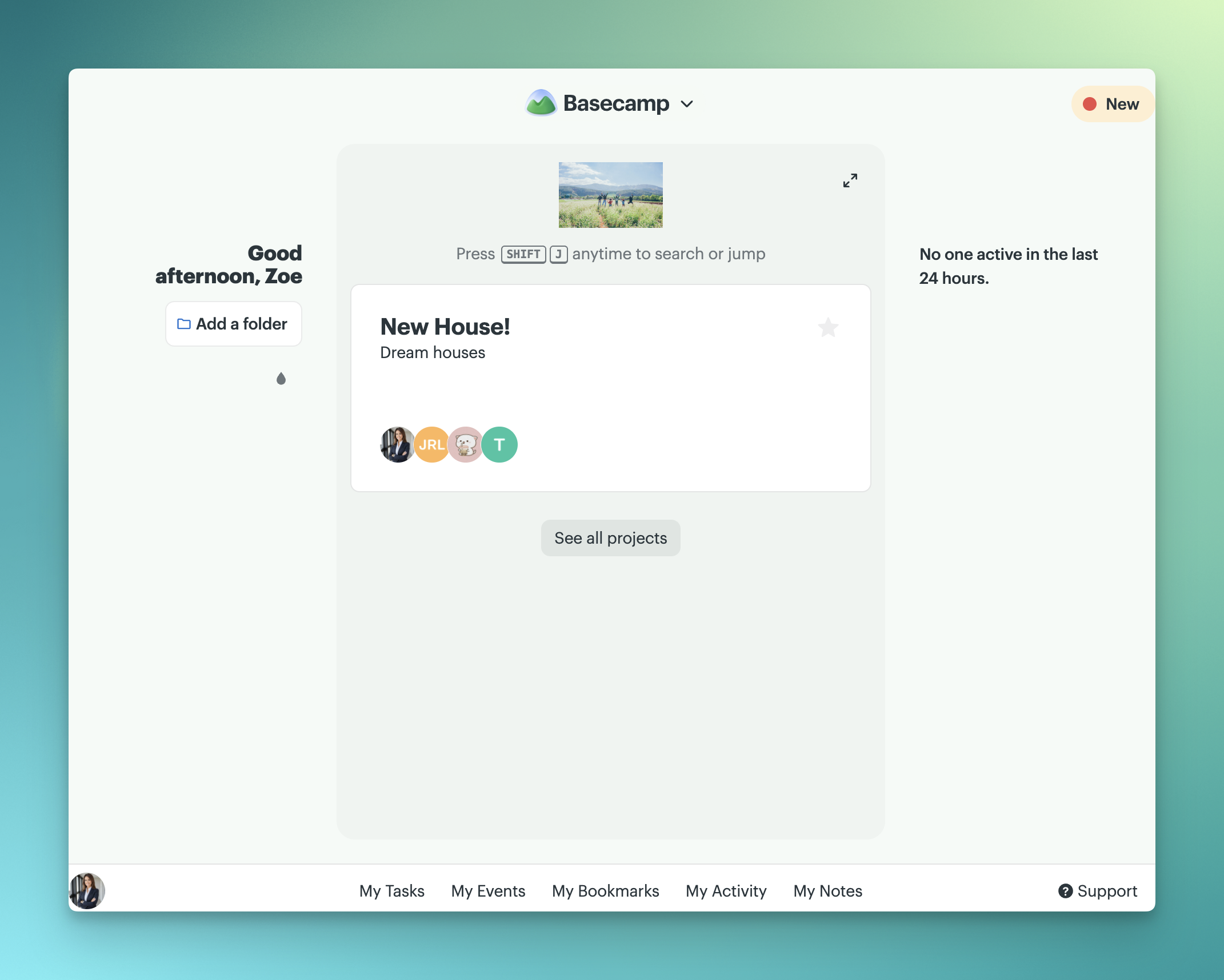 Screenshot of a Home Screen with one project card named New House!