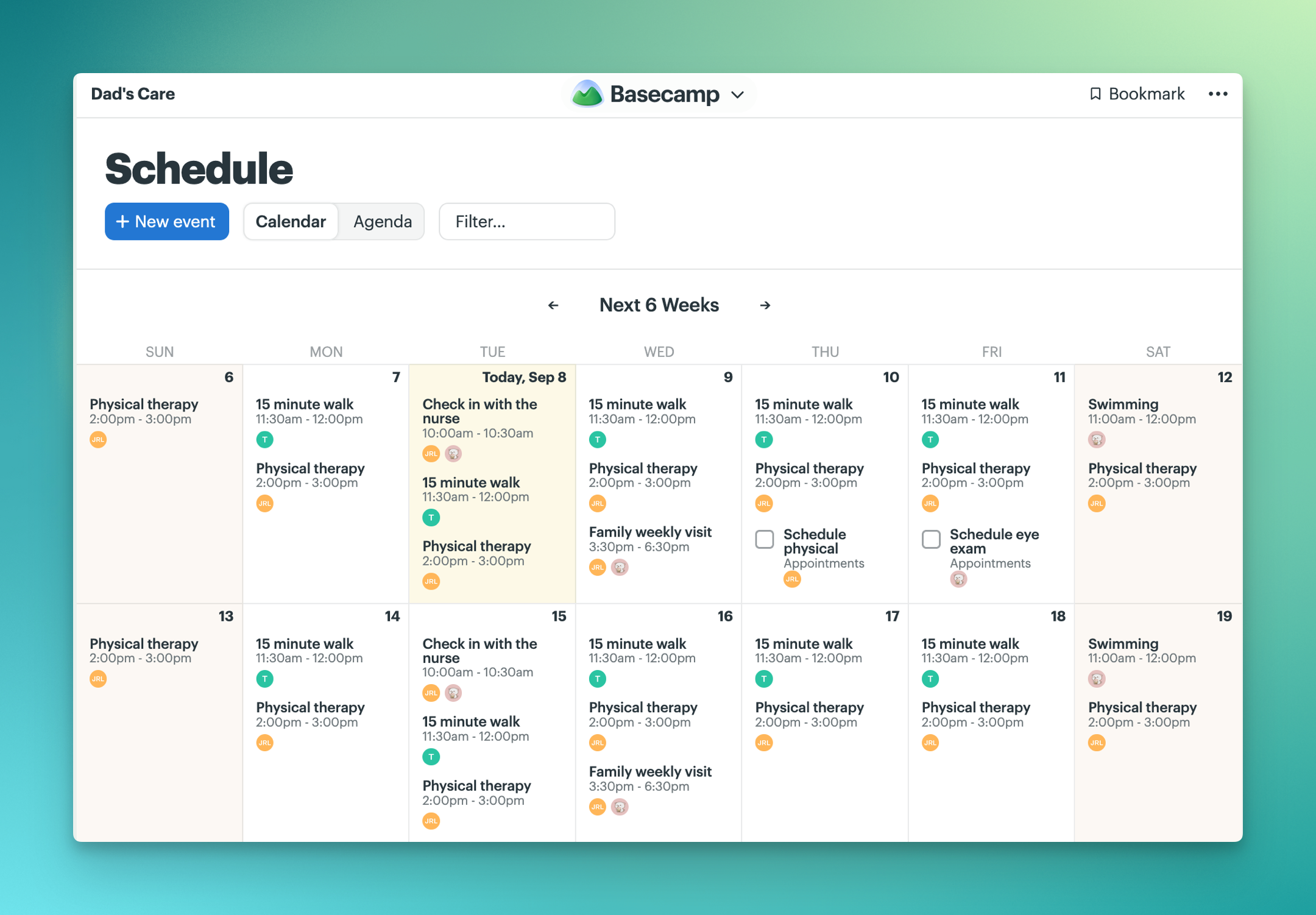 Screenshot showing a calendar of appointments and to-dos for the Dad's care project.