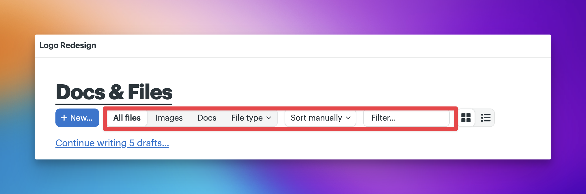 a screenshot of the filter and sorting options in Docs & Files.