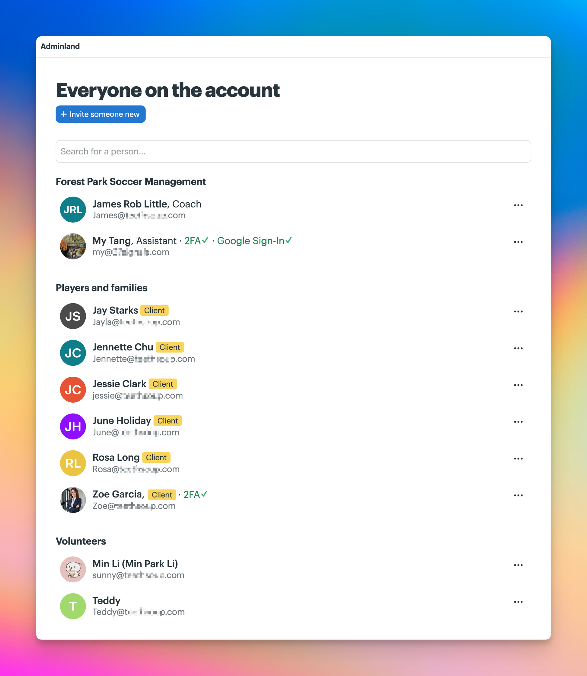 Basecamp Adminland page showing everyone on the Forest Park Soccer account, organized into management, players and families, and volunteers, with clients labeled and two-factor authentication status shown for some people.