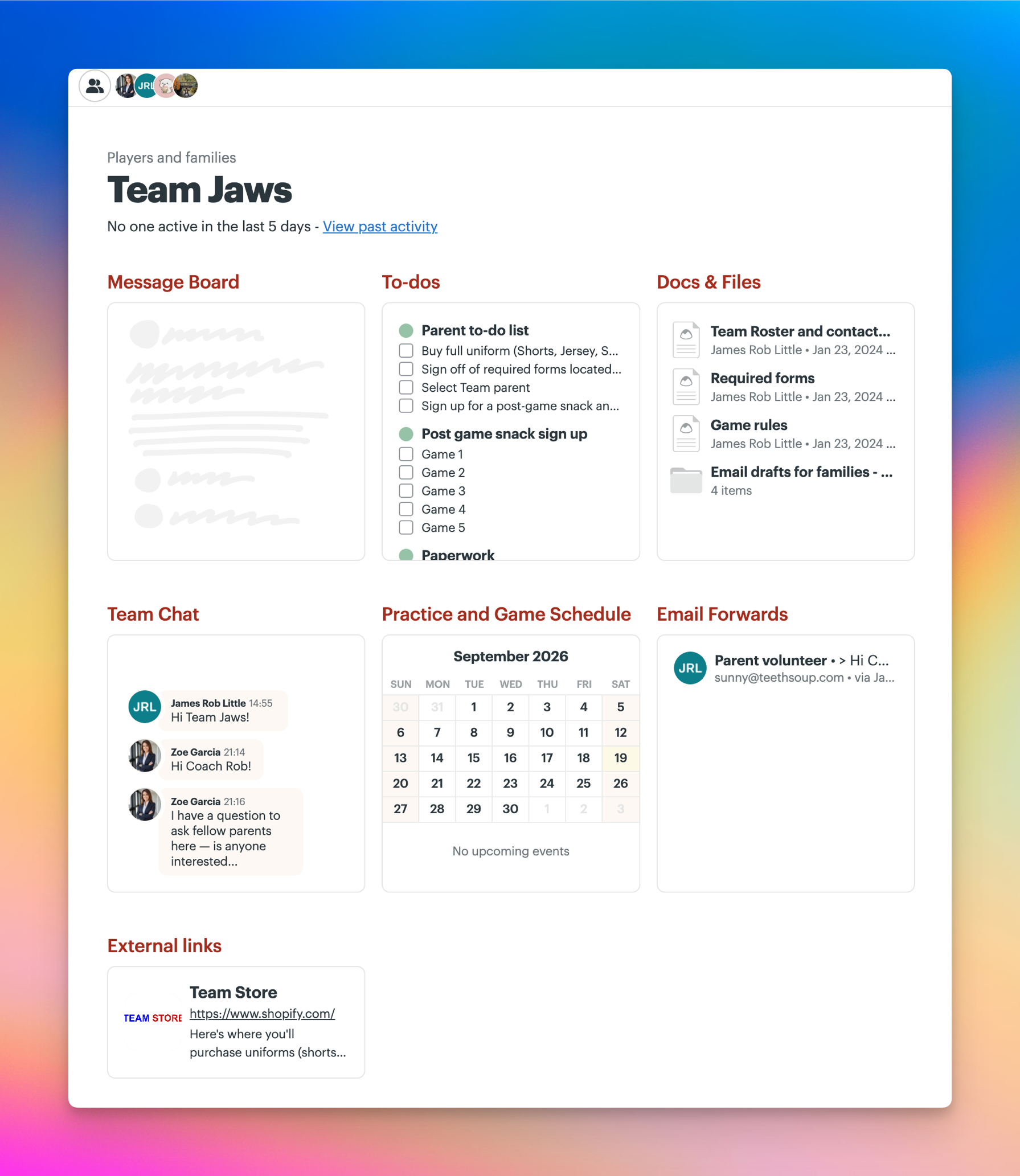 Client view of the “Team Jaws” project for players and families, showing a Message Board, parent to-do lists, Docs & Files, Team Chat, practice and game schedule, email forwards, and a Team Store external link.