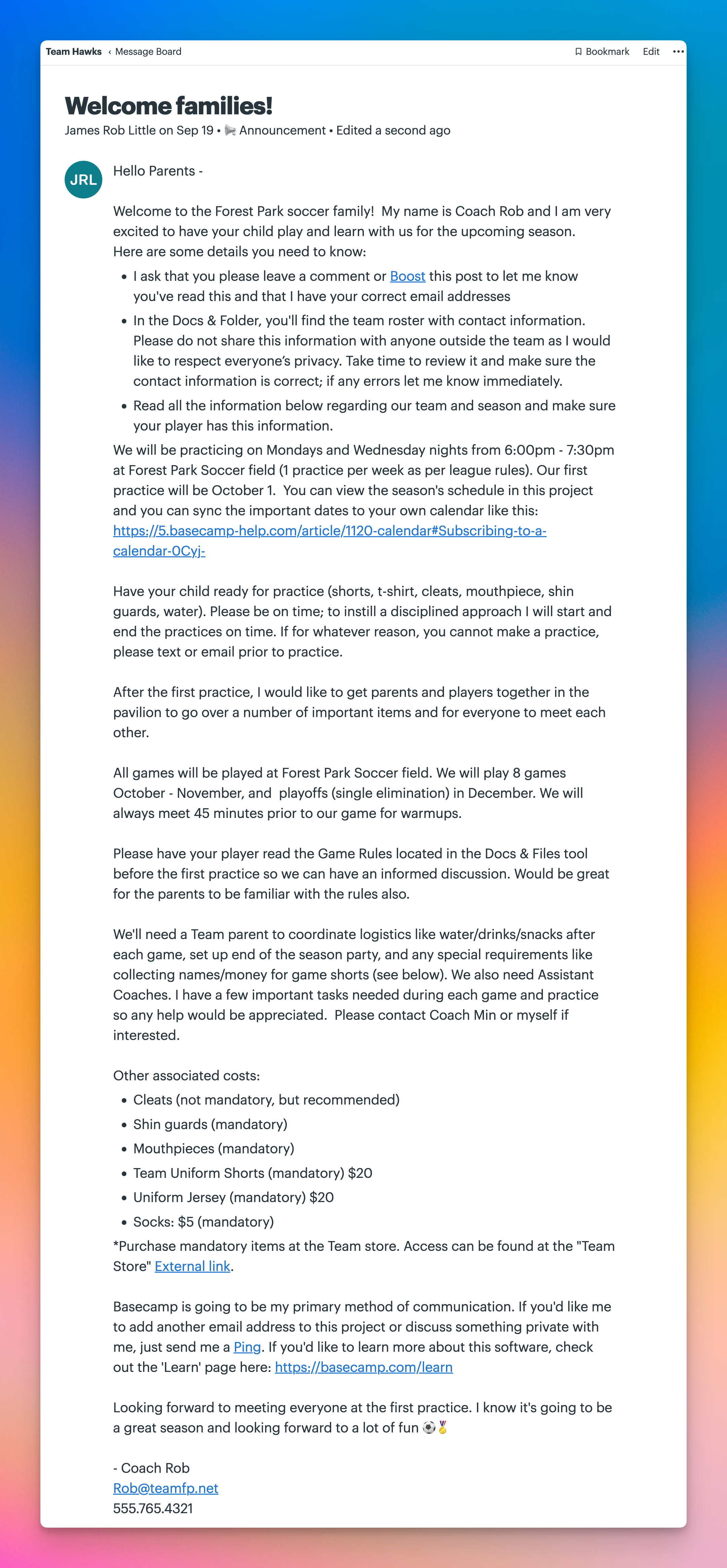 Basecamp Message Board post titled “Welcome families!” for Team Hawks, with Coach Rob sharing season details, practice and game information, equipment requirements, volunteer needs, team costs, and how families should communicate through Basecamp.