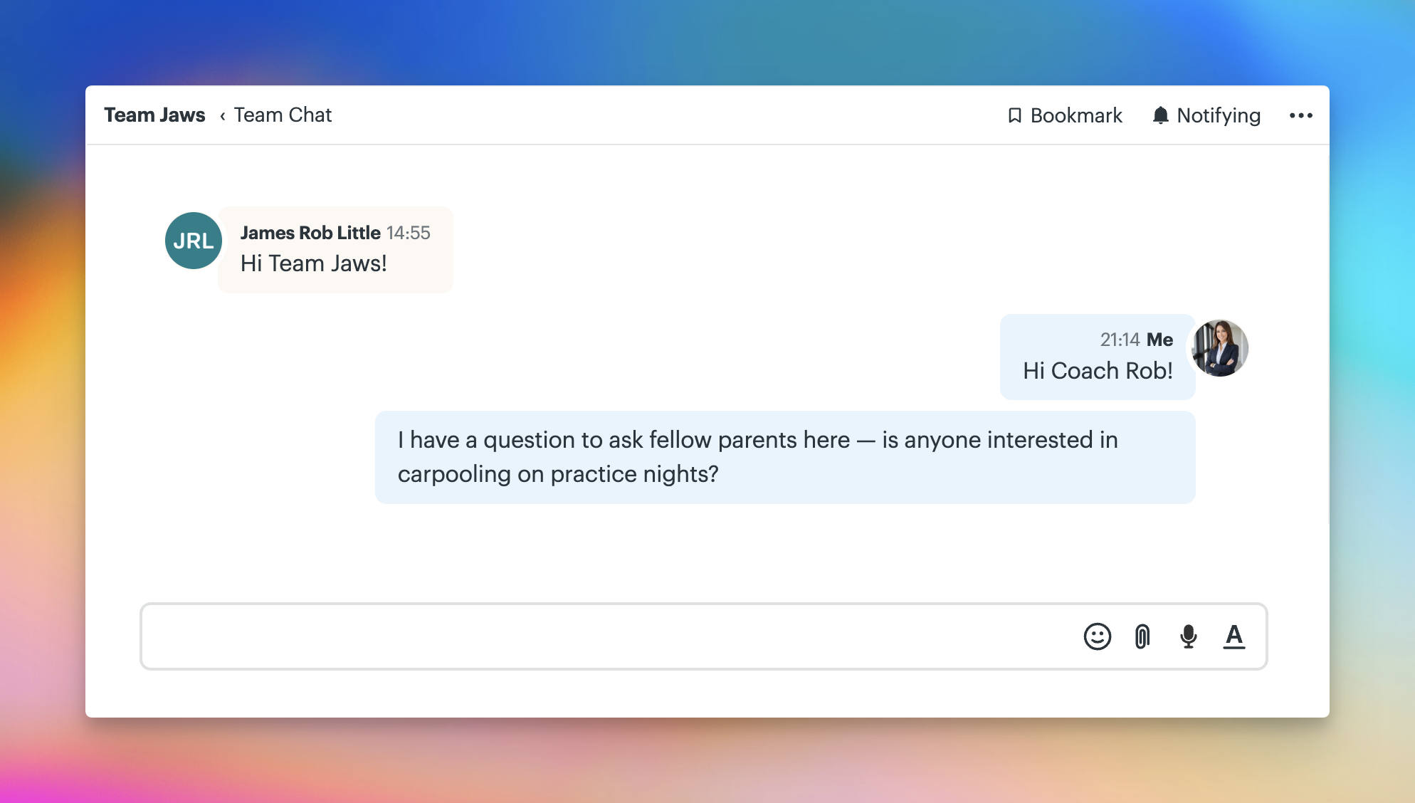 Basecamp Team Chat for Team Jaws showing Coach Rob greeting the team and a parent asking whether anyone is interested in carpooling on practice nights.