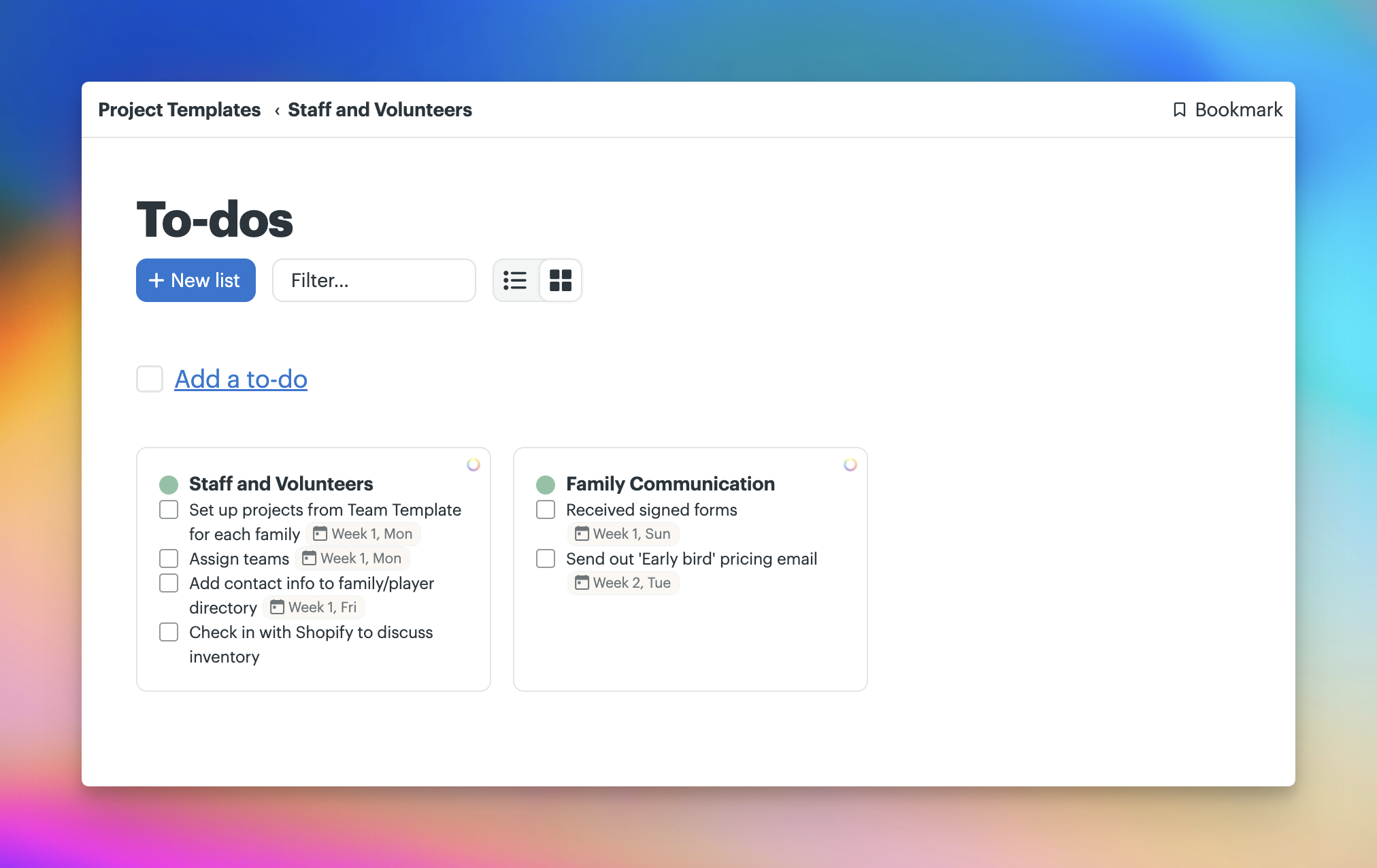 Basecamp To-dos page for the “Staff and Volunteers” project template, showing two lists: “Staff and Volunteers” with setup and coordination tasks, and “Family Communication” with tasks for signed forms and an early-bird pricing email.