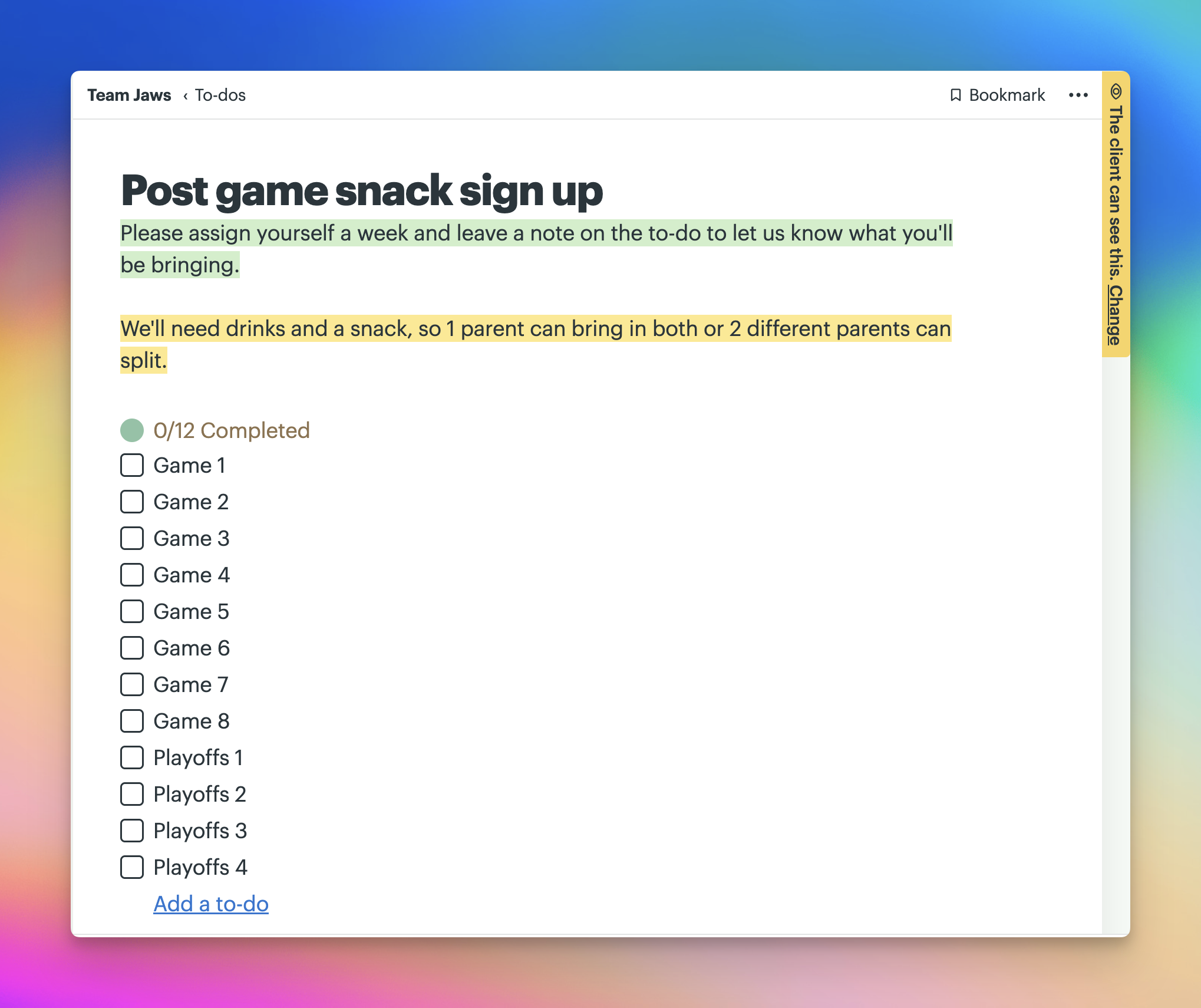 Basecamp “Post game snack sign up” to-do list for Team Jaws, with instructions for parents to assign themselves a game and note what they’ll bring, followed by 12 game and playoff to-dos.