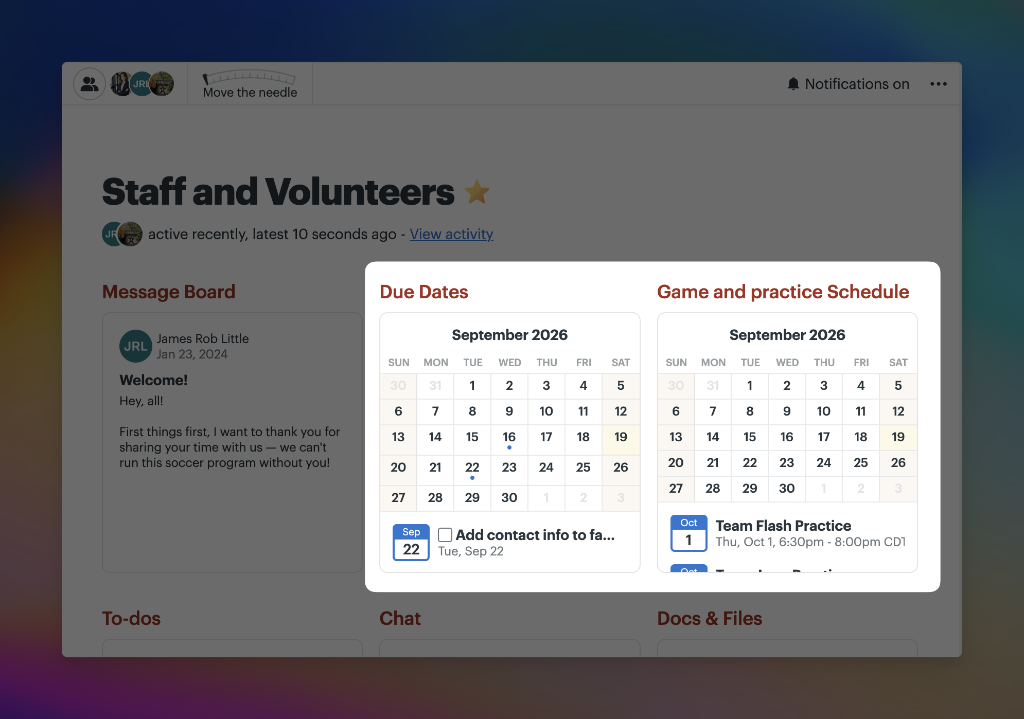 Basecamp “Staff and Volunteers” project with a pop-up showing two calendars side by side: Due Dates with upcoming to-dos, and Game and practice Schedule with upcoming team practices.
