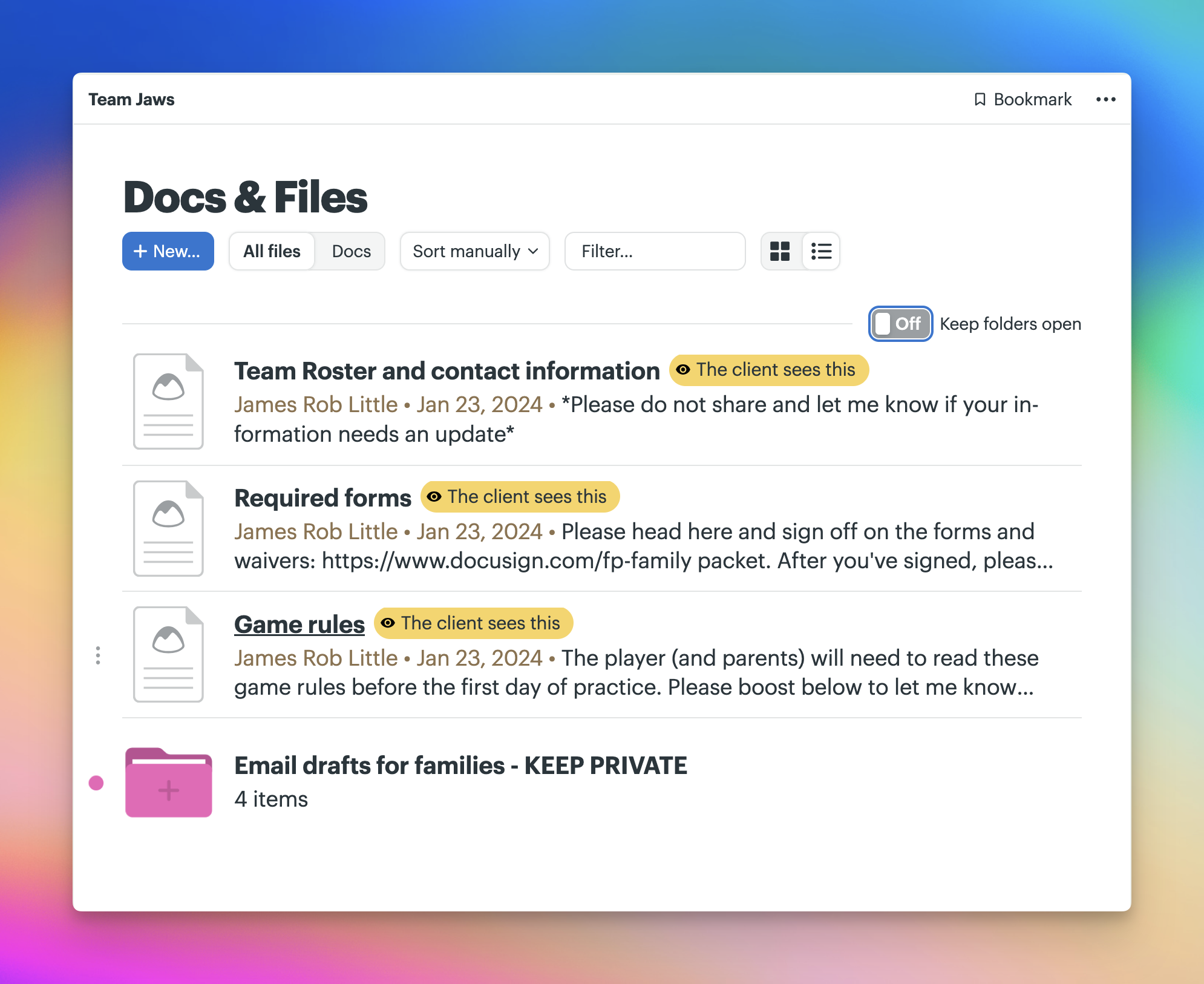 Basecamp Docs & Files page for Team Jaws showing a team roster, required forms, and game rules marked as visible to clients, plus a private folder for family email drafts.