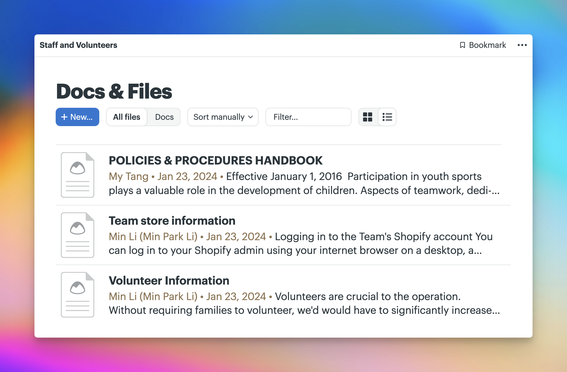 Basecamp Docs & Files page for the “Staff and Volunteers” project, showing a Policies & Procedures Handbook, team store information, and volunteer information.