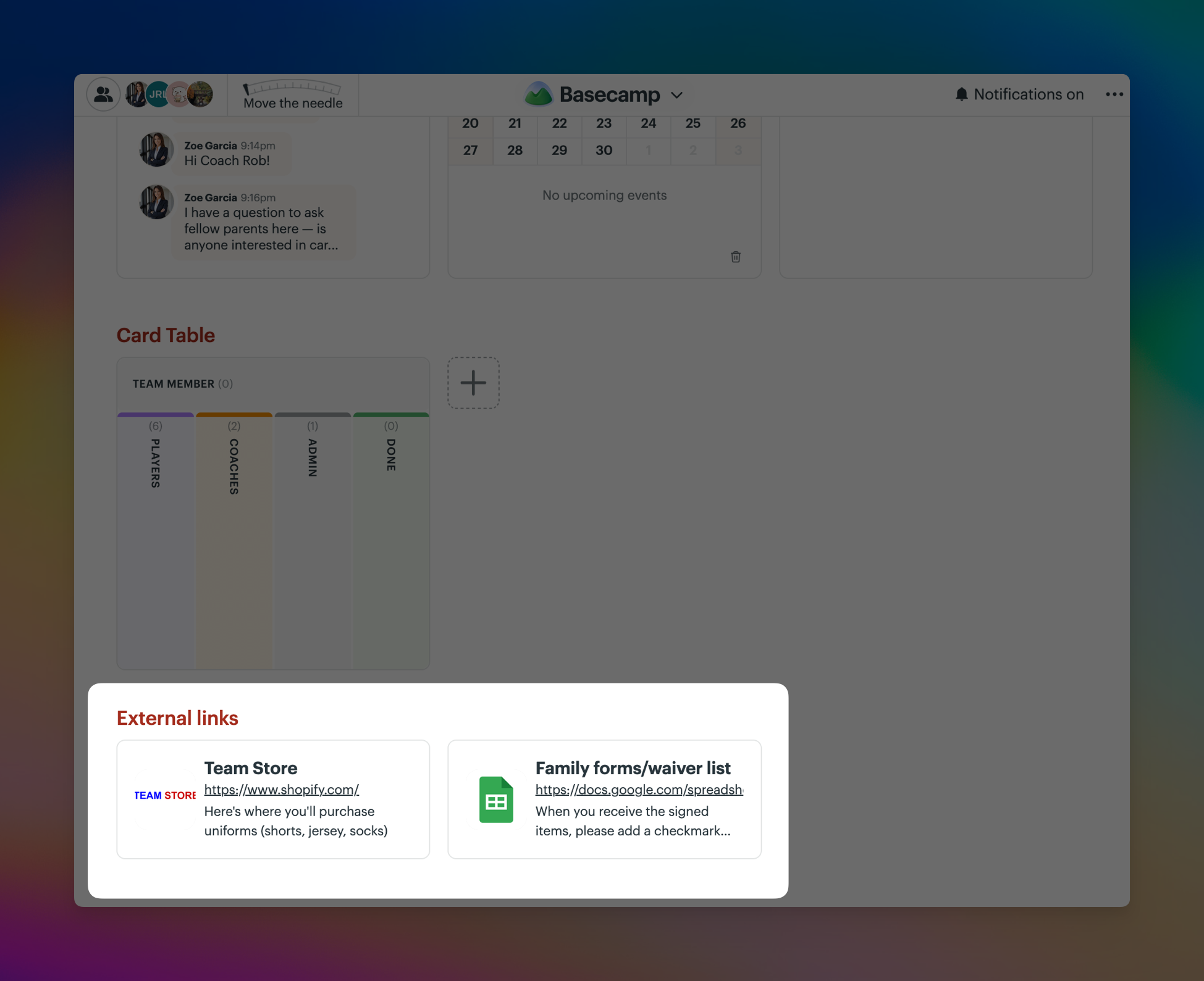 Basecamp project showing the External links section with links to the Team Store and a Family forms/waiver list in Google Sheets.