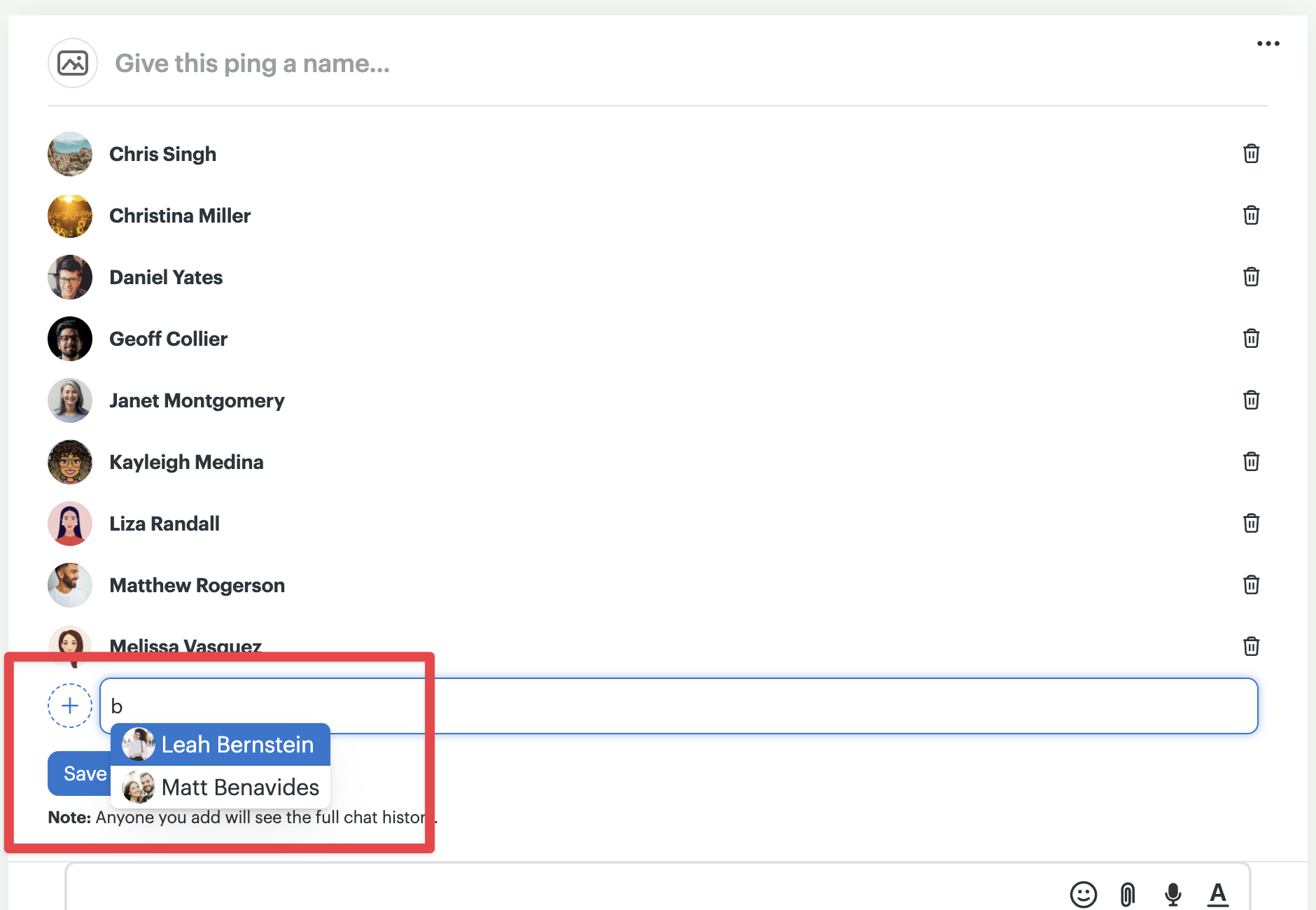 A screenshot of group ping settings open. There is a list of users. The add user field is highlighted with a red box.