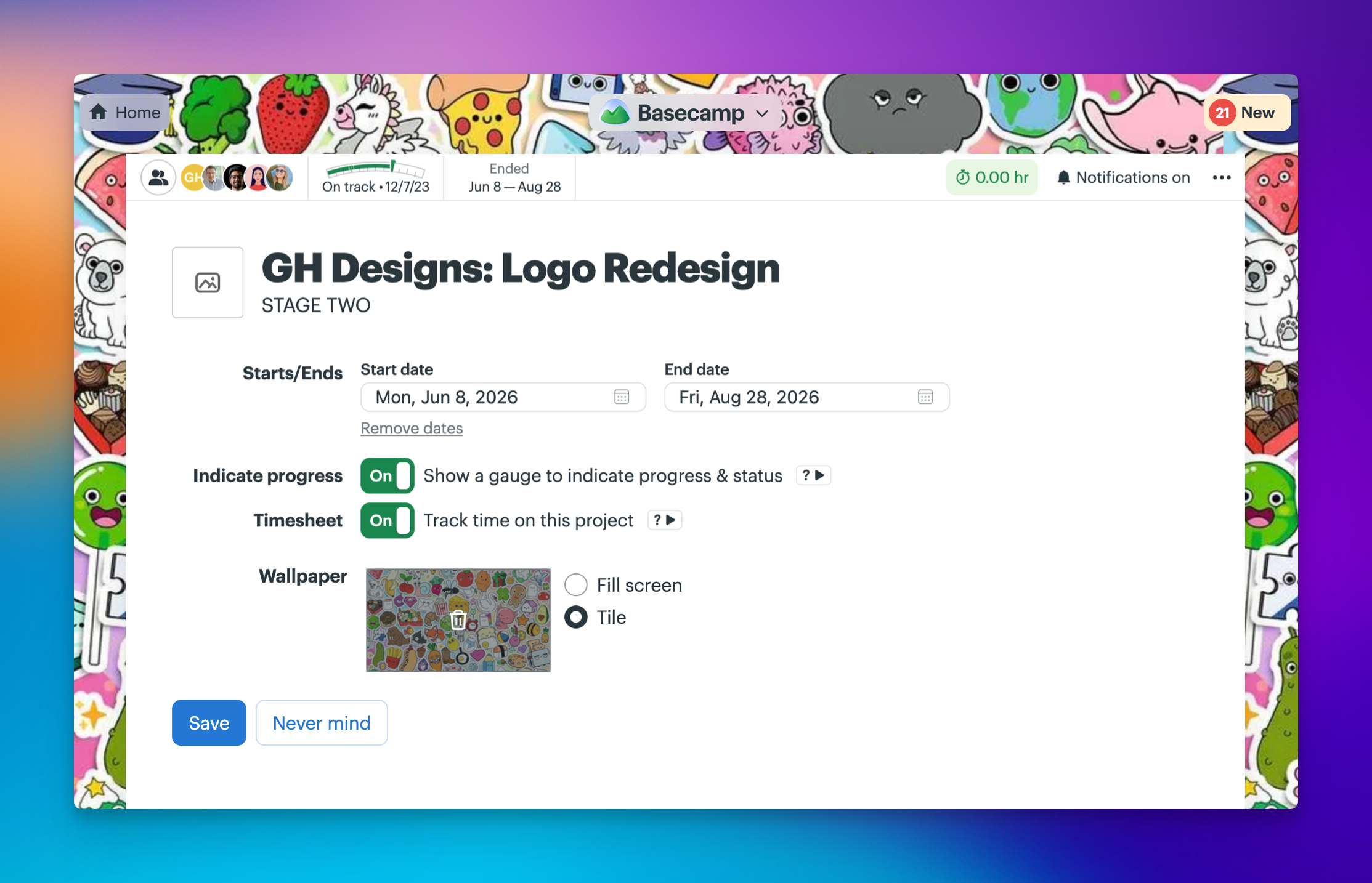 Screenshot of the project settings for “GH Designs: Logo Redesign” showing a tiled wallpaper image applied around the project, with options to switch between Fill screen and Tile.