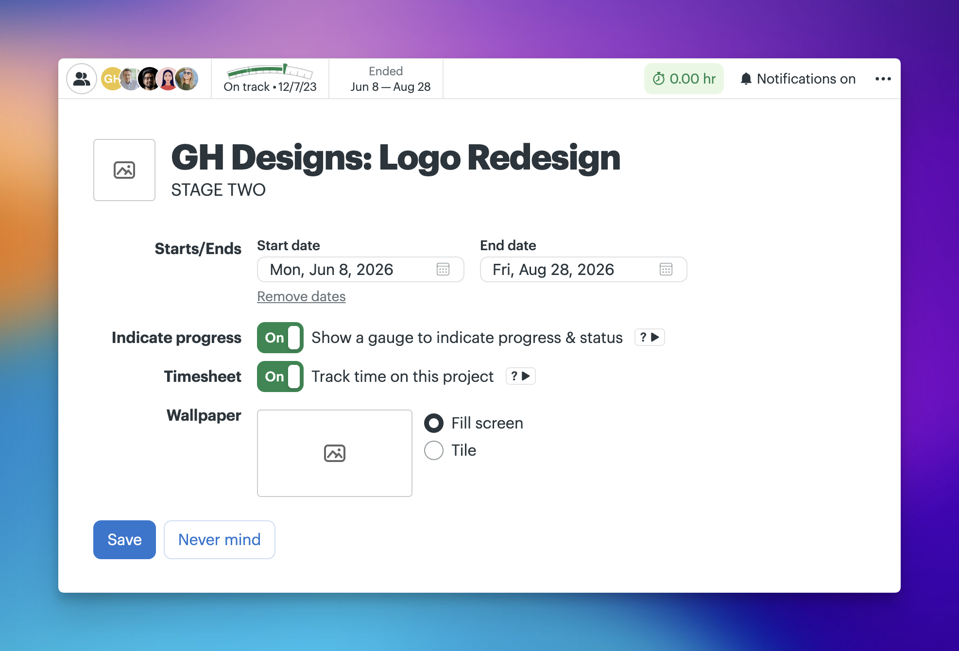 Screenshot of a Basecamp project’s settings showing start and end dates, the progress gauge and Timesheet toggled on, wallpaper options, and Save and Never mind buttons.