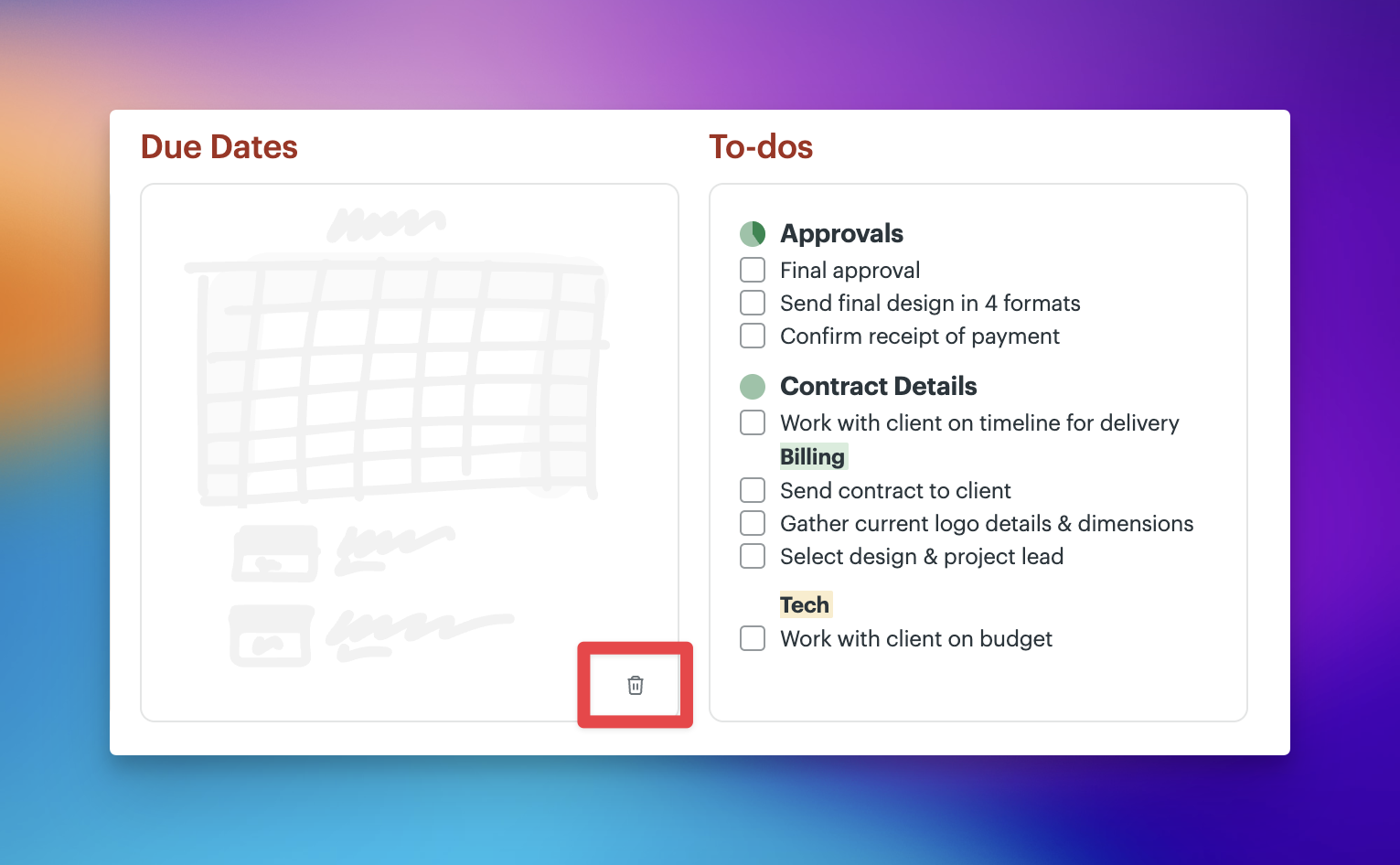 Screenshot showing a “Due Dates” panel next to a “To-dos” list. The trash icon at the bottom-right of the Due Dates panel is highlighted in red.