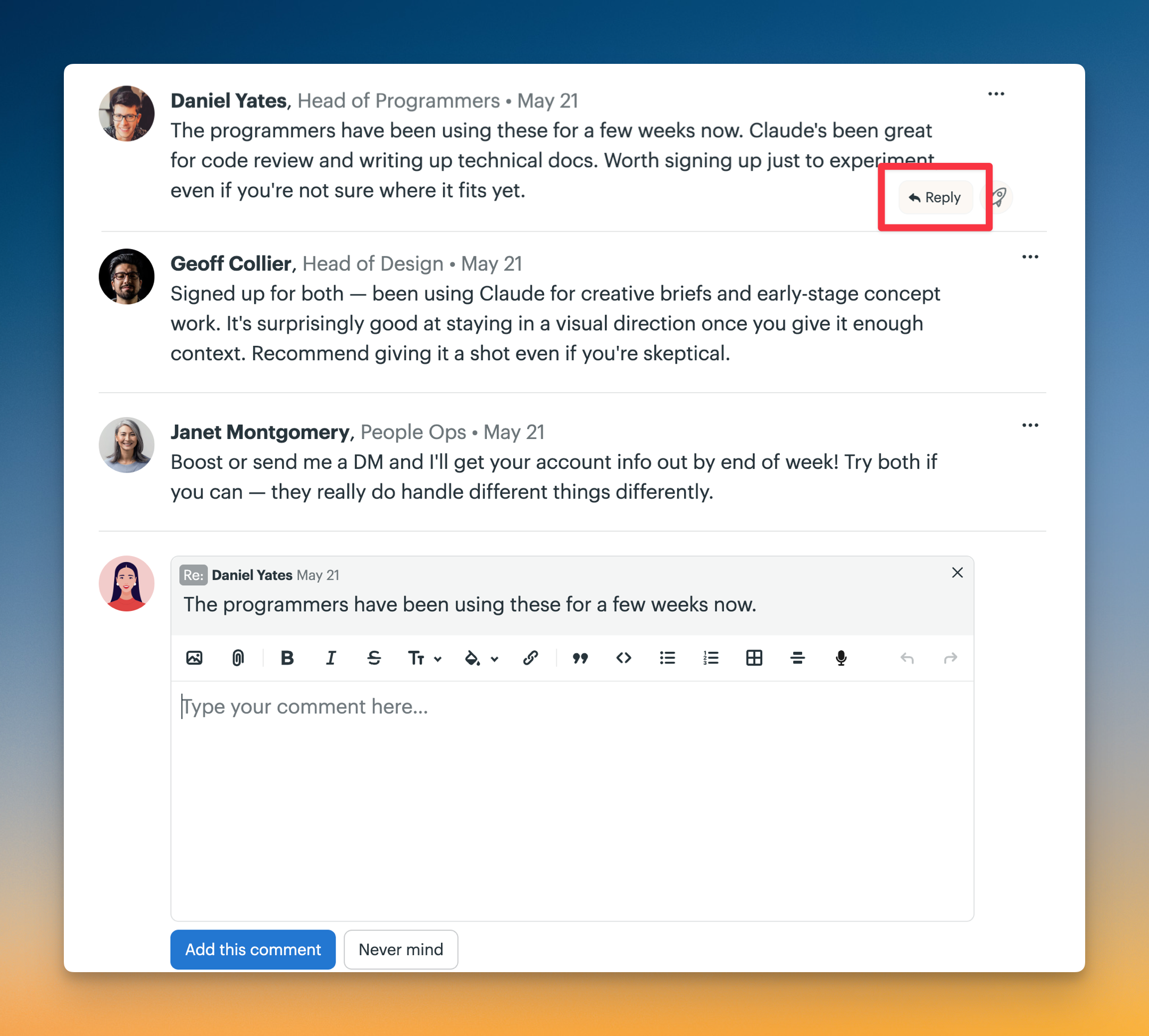 Screenshot of a comment thread with the Reply button on the top comment outlined in red. Part of the original comment was selected before clicking Reply, so only that text is quoted above the new comment box.
