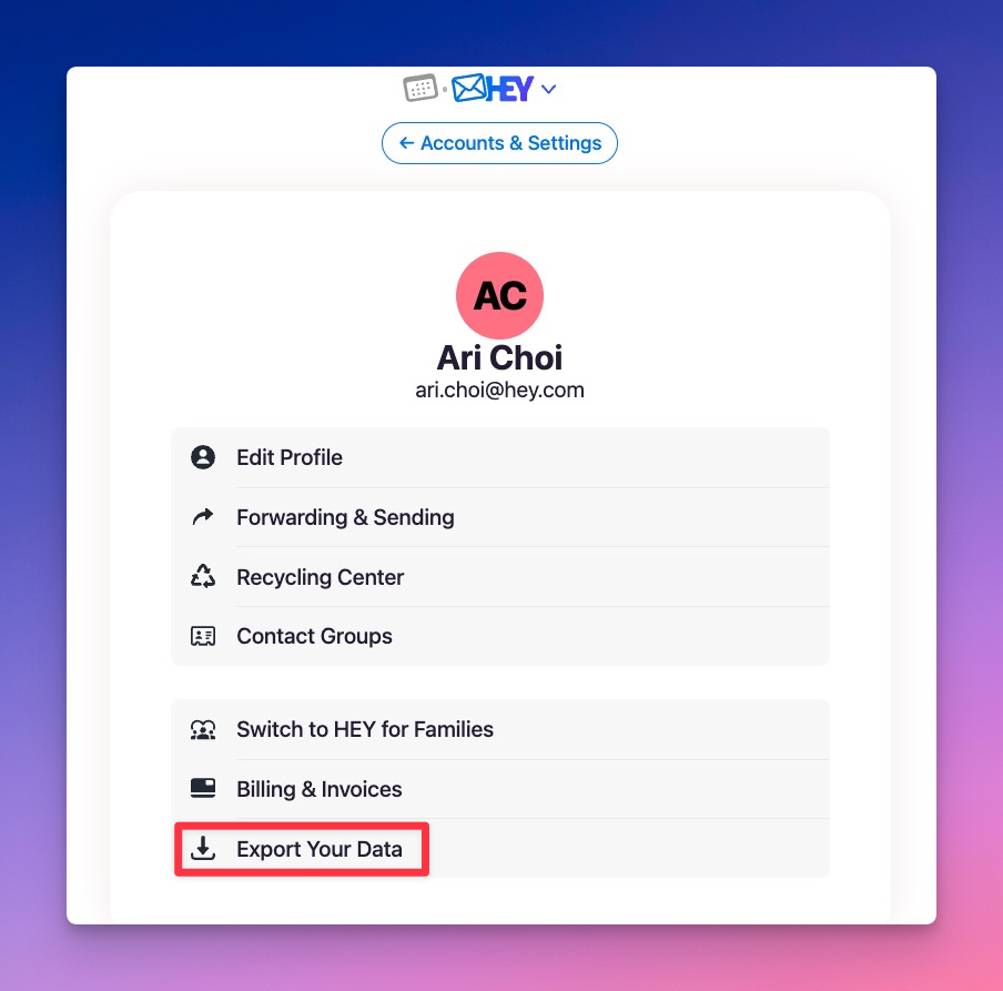 Account menu with Export Your Data highlighted