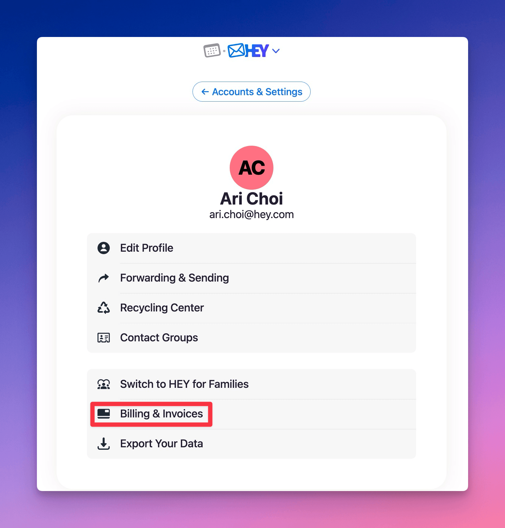 Account menu with Billing & Invoices highlighted