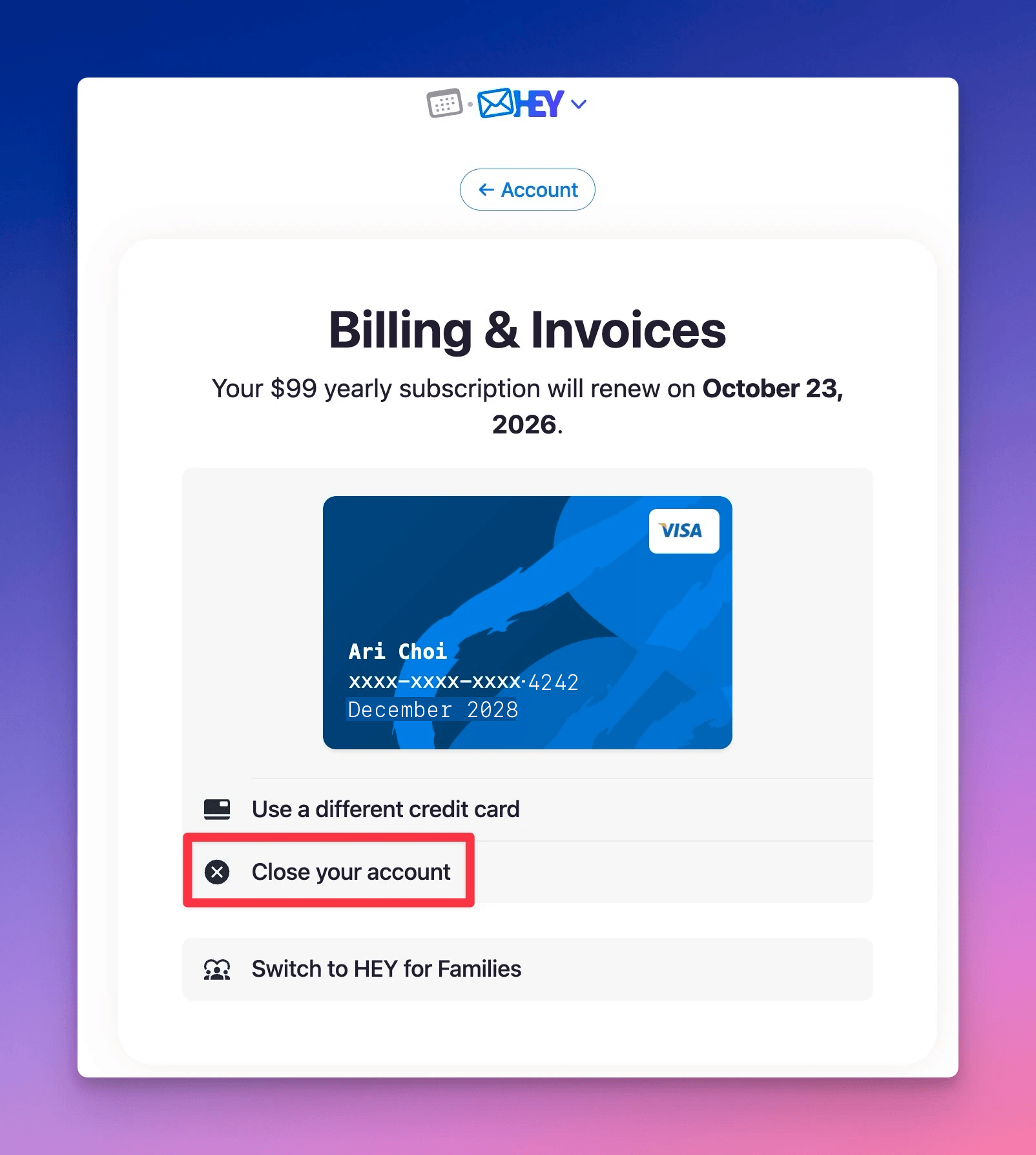 Billing & Invoices page with Close your account highlighted
