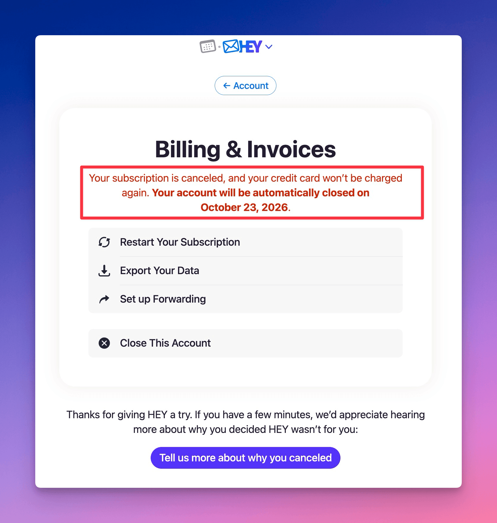 Billing & Invoices screen, with confirmation message: