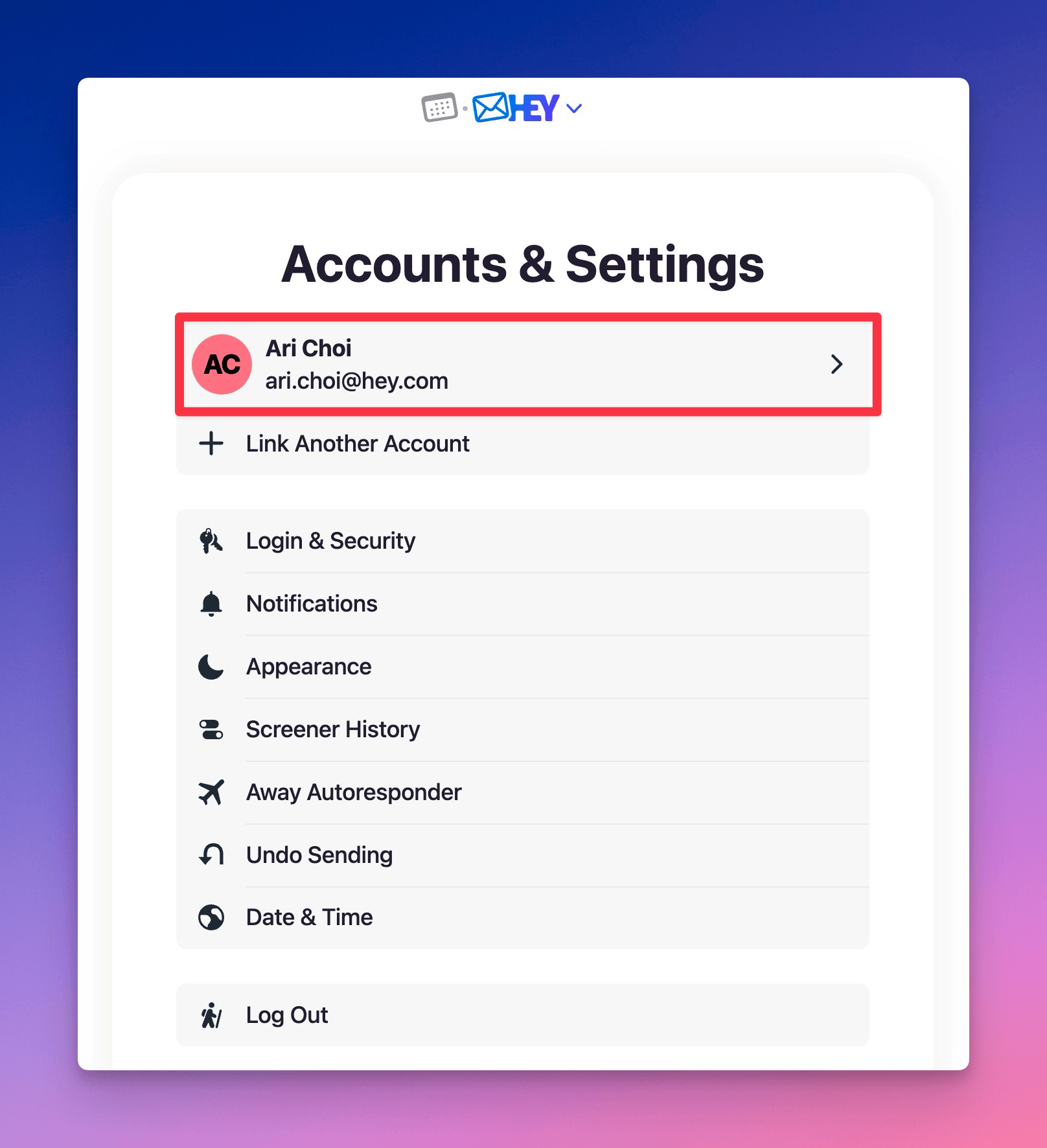 Accounts & Settings page with the Ari Choi account highlighted