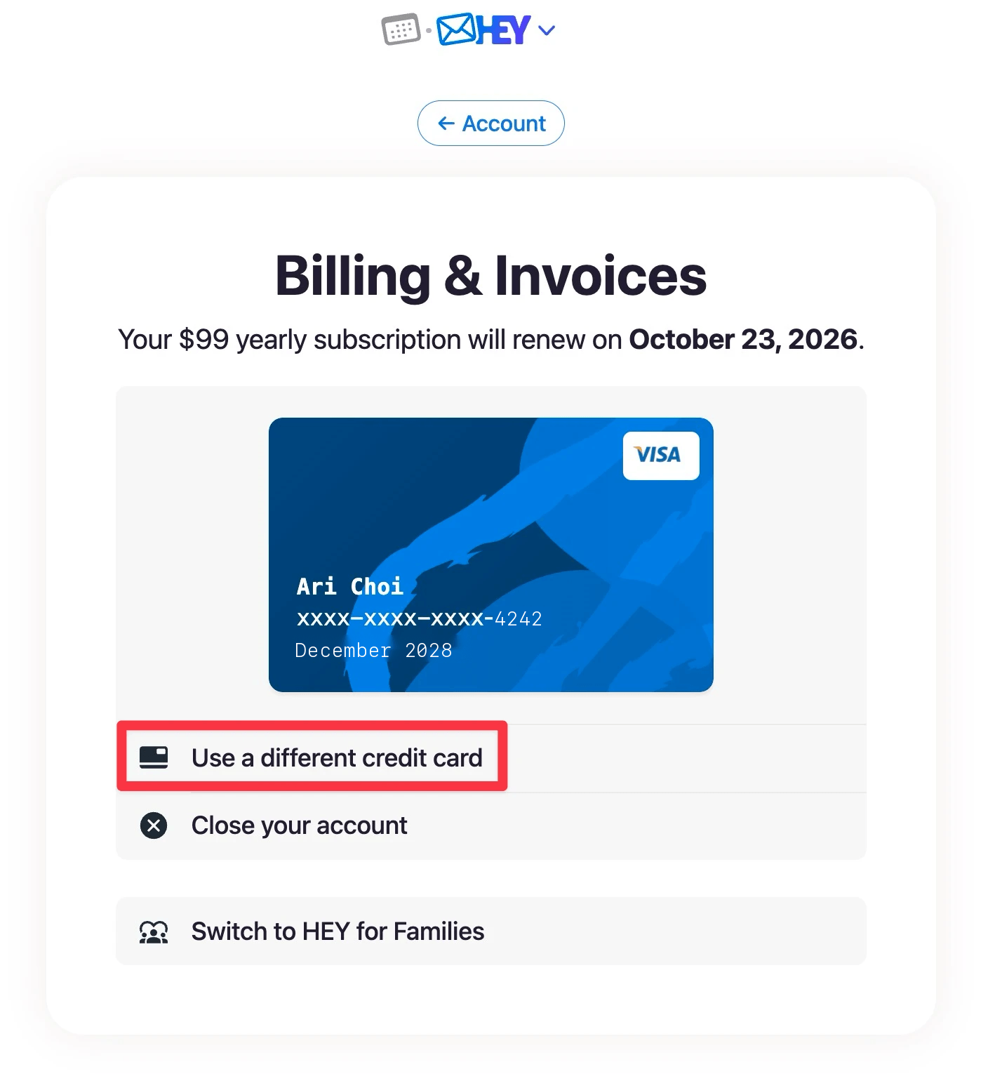 Billing & Invoices page with Use a different credit card highlighted