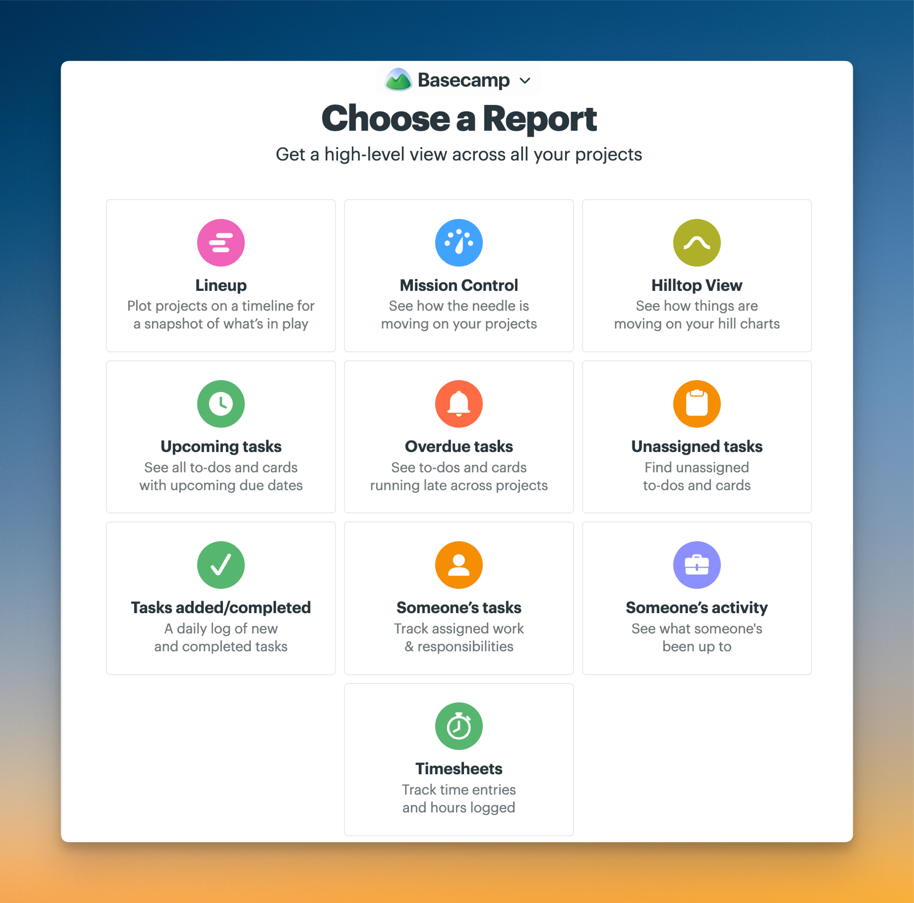Screenshot of all available reports in Basecamp.