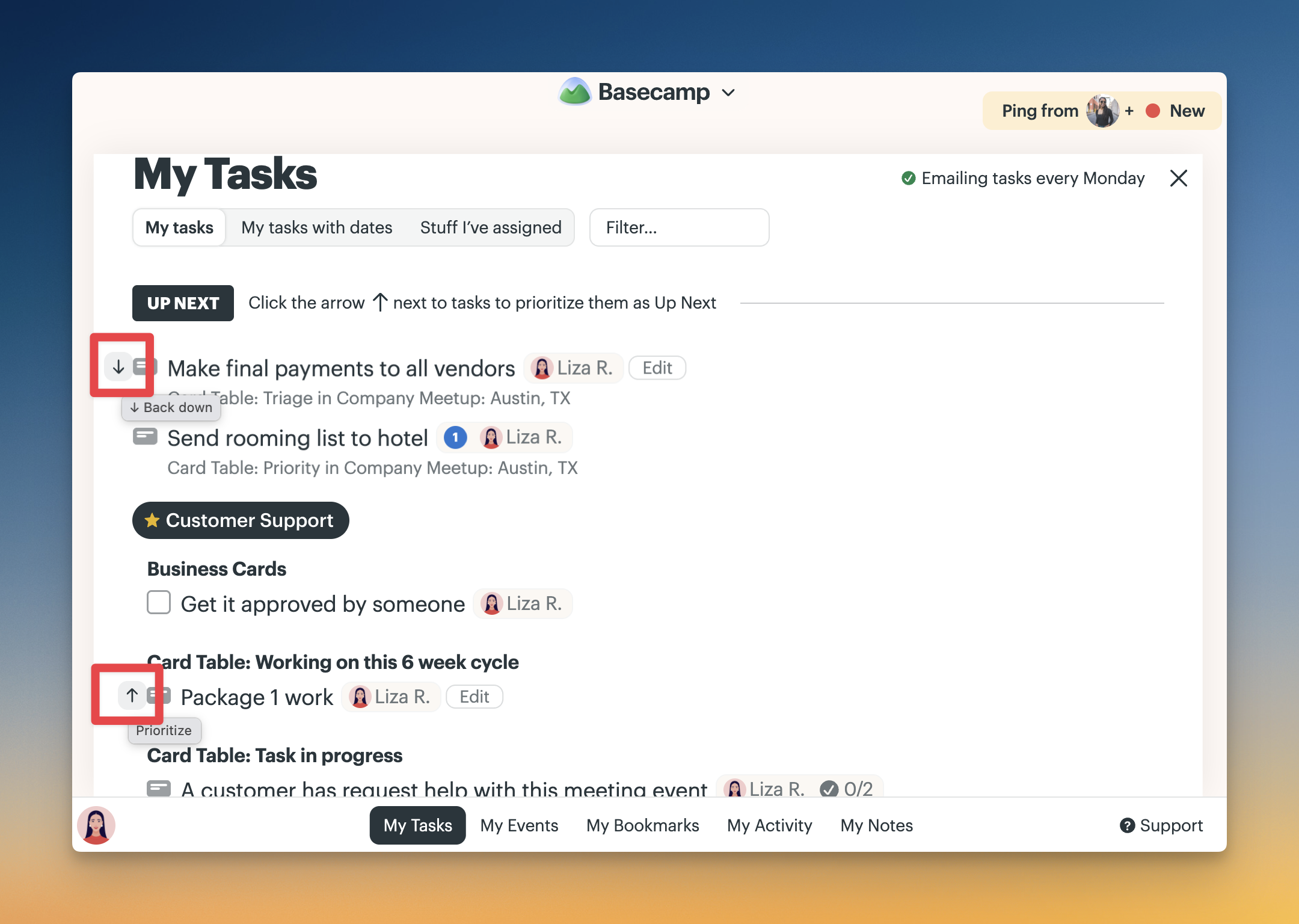 Screenshot of the My Tasks page with the up and down arrows outlined in red boxes.