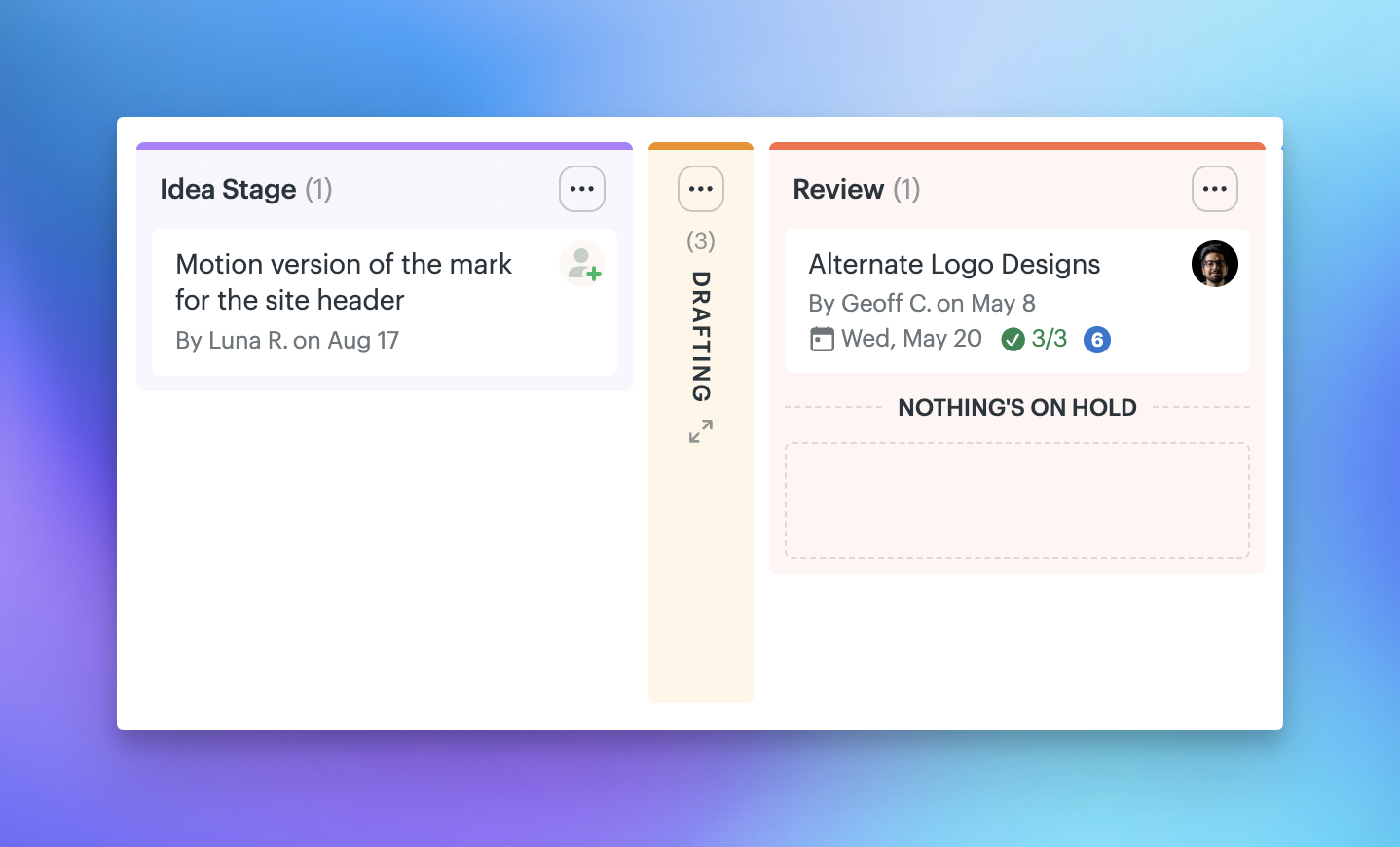 Screenshot of three columns on a Card Table.  The "Drafting" column is collapsed so you don't see individual cards.