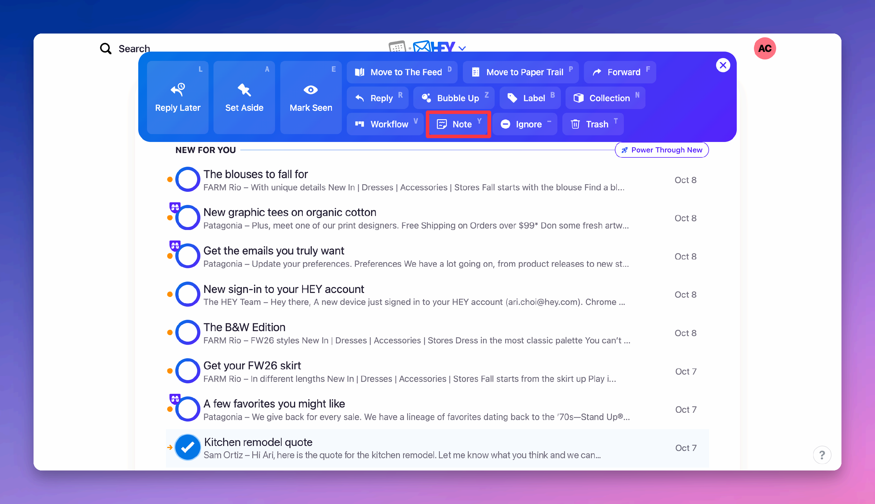 Imbox list with an email selected and its toolbar open, Note button highlighted