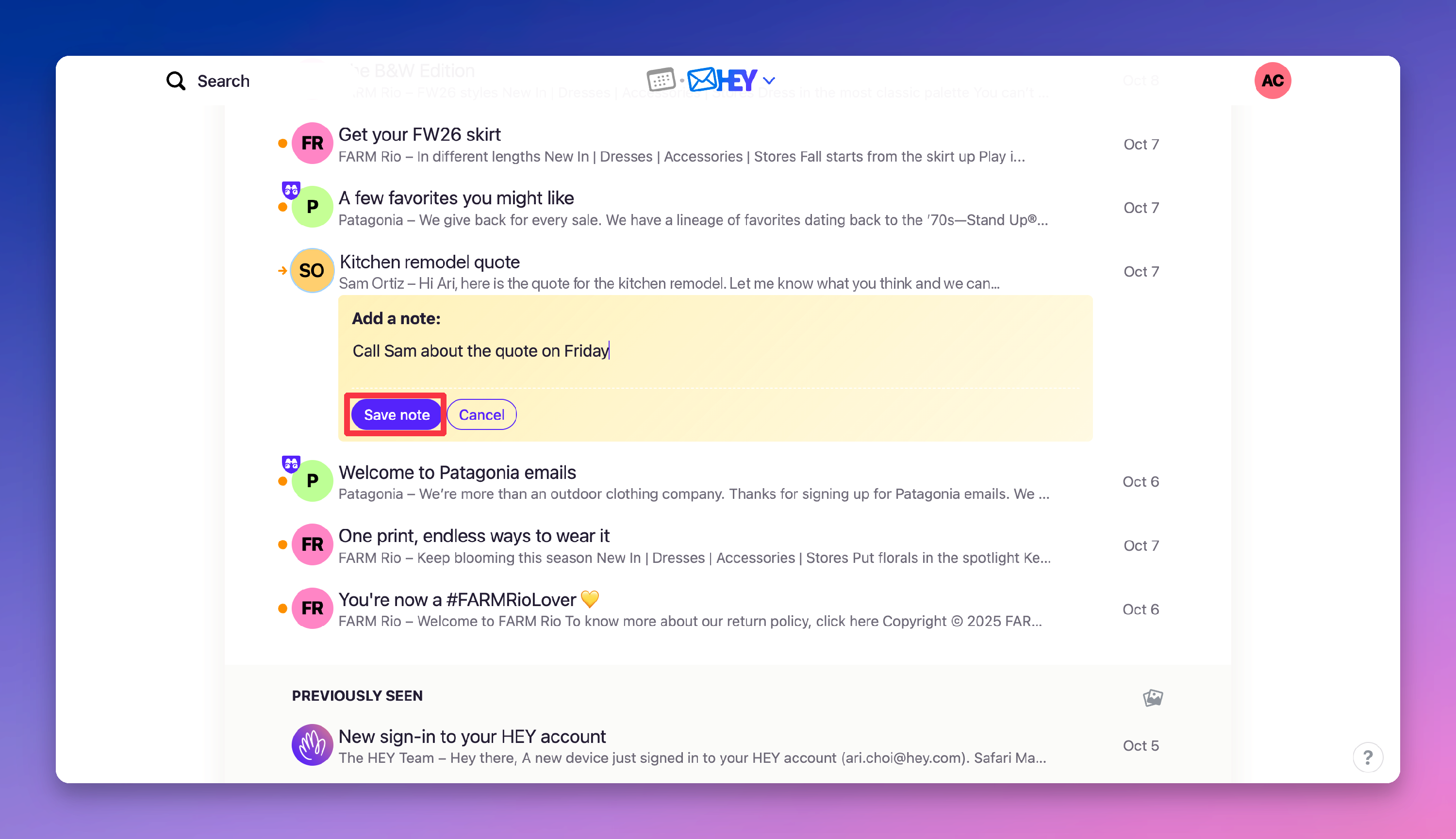Note box with a note typed in, Save note button highlighted