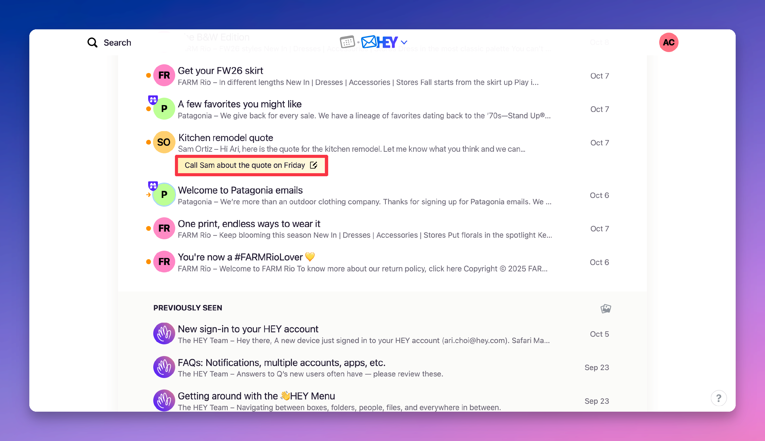Saved note showing as a small yellow tag under an email in the Imbox, with a box around the whole tag