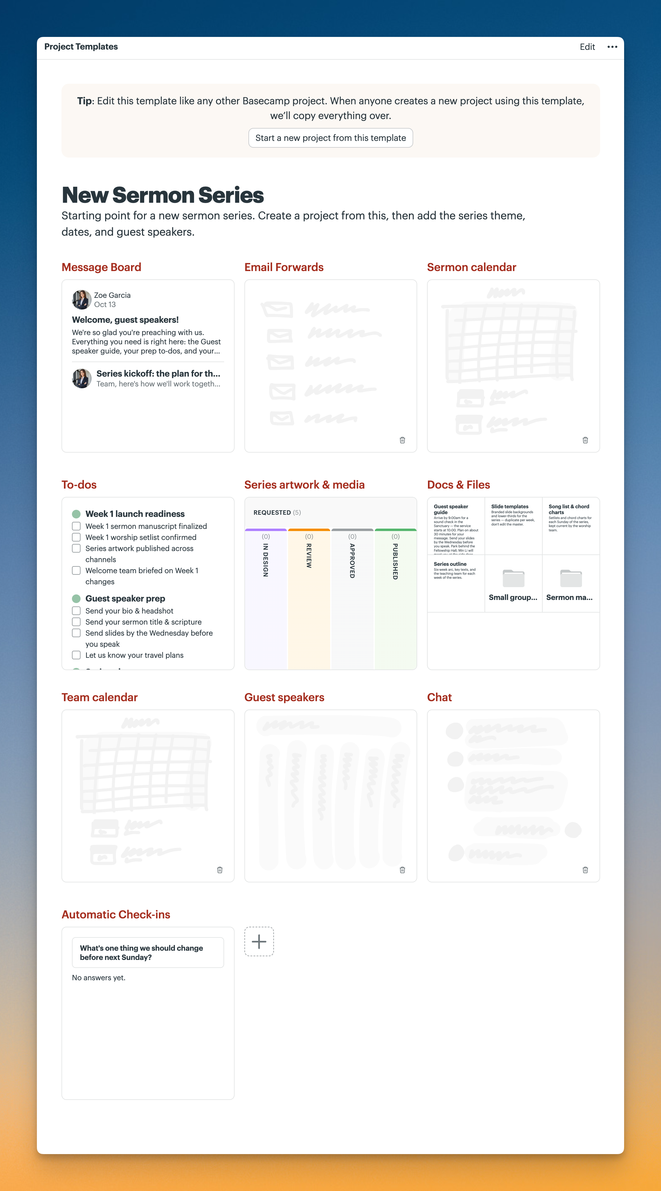 Screenshot of a project template titled “New Sermon Series,” showing a button to create a project from the template and tools including Message Board, To-dos, calendars, Card Table, Docs & Files, Chat, Guest Speakers, and Automatic Check-ins.