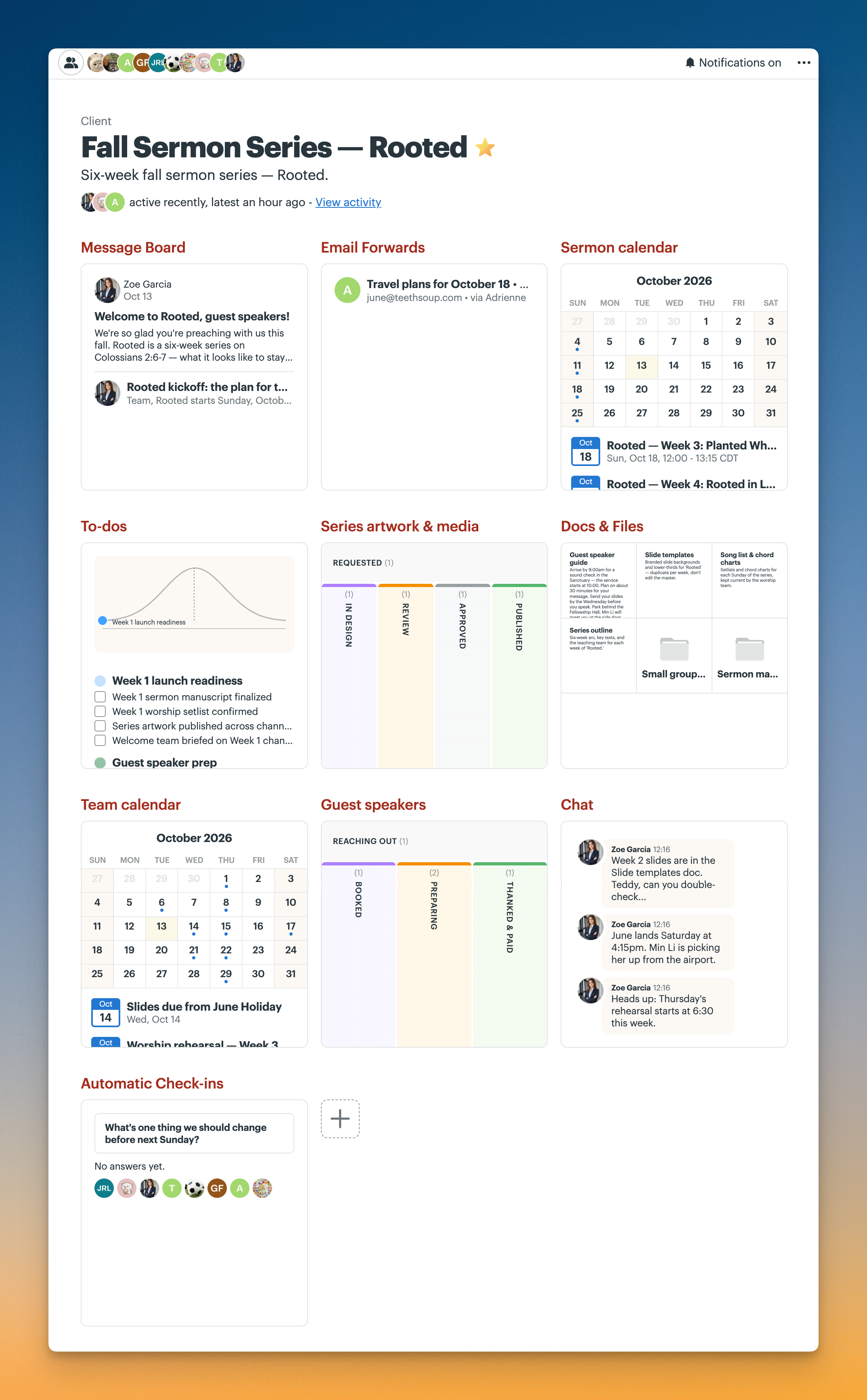 Screenshot of the “Fall Sermon Series — Rooted” project page showing Message Board, Email Forwards, sermon and team calendars, To-dos, Card Tables for artwork and guest speakers, Docs & Files, Chat, and Automatic Check-ins.