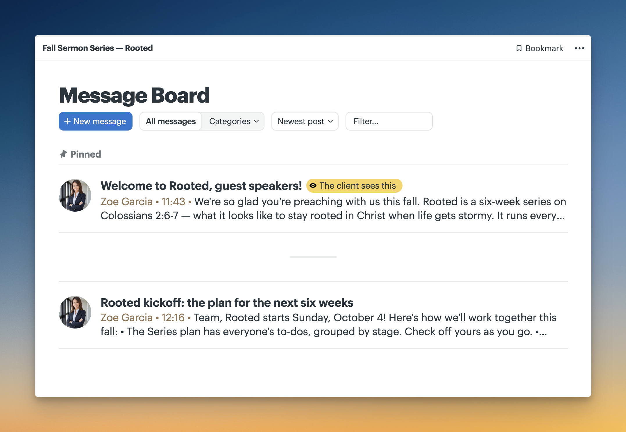 Screenshot of the Message Board in the Fall Sermon Series — Rooted project showing the guest speaker welcome post that's pinned to the top and team kickoff message for the internal team.