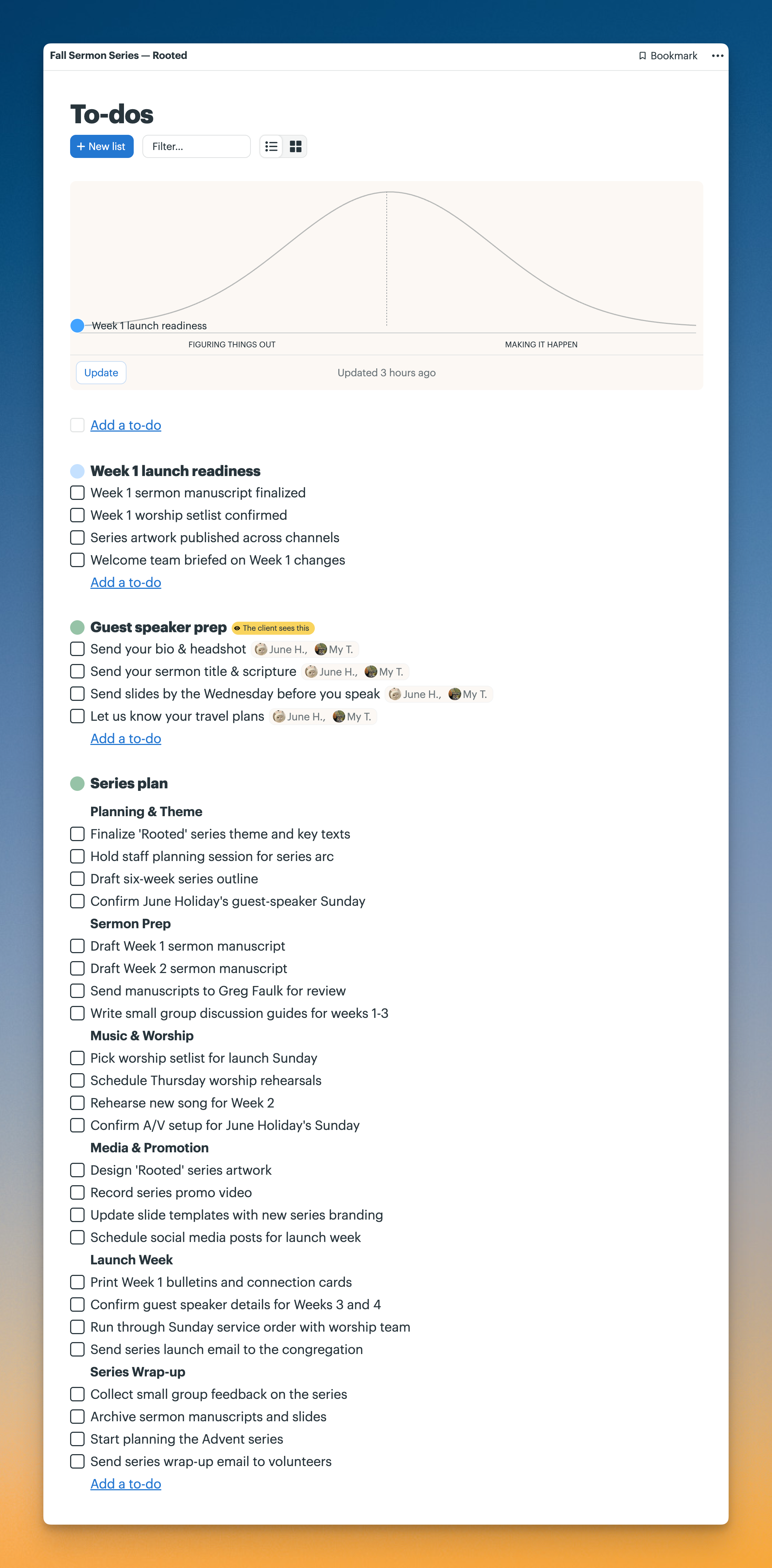 Screenshot of the To-dos page for “Fall Sermon Series — Rooted,” showing a Hill Chart tracking Week 1 launch readiness and to-do lists for guest speaker preparation, series planning, sermon preparation, music and worship, media and promotion, launch week, and series wrap-up.