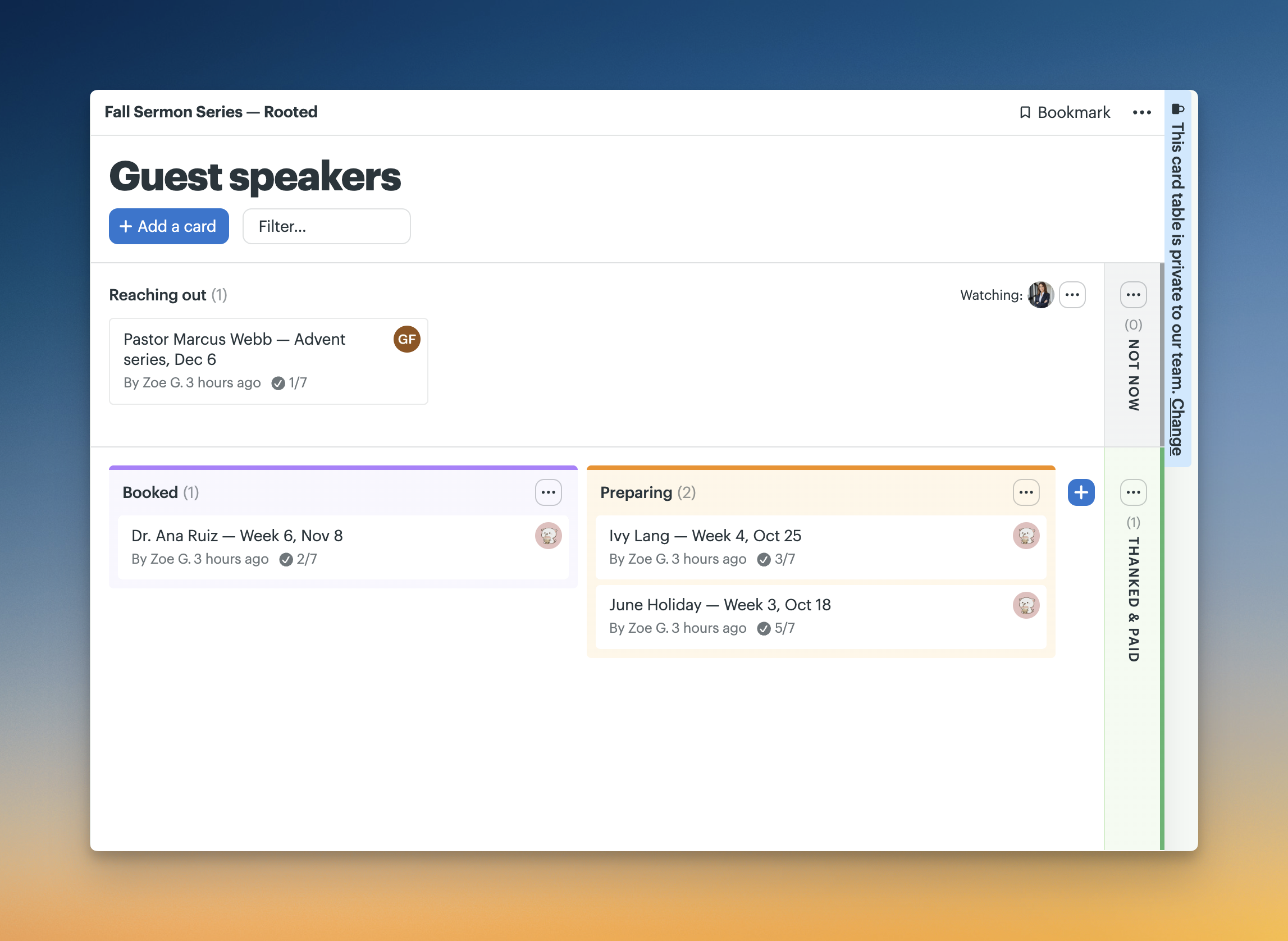Screenshot of the Guest speakers Card Table for “Fall Sermon Series — Rooted,” showing guest speakers organized into Reaching out, Booked, Preparing, Not now, and Thanked & Paid columns, with subtask progress displayed on each card.