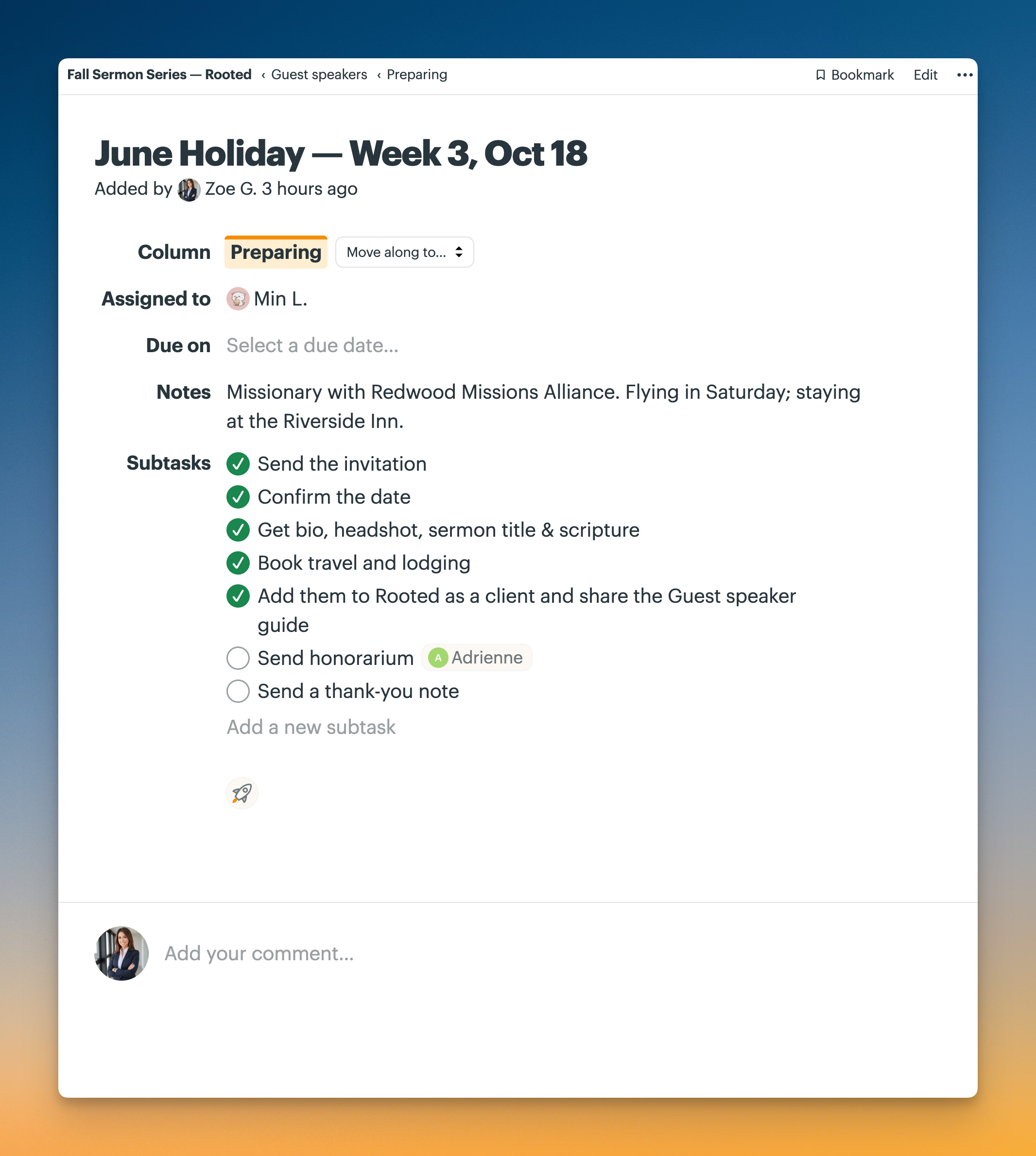 Screenshot of the card for “June Holiday — Week 3, Oct 18” in the Preparing column of the Guest speakers Card Table, showing the assigned person, travel notes, five completed subtasks, and two remaining subtasks.