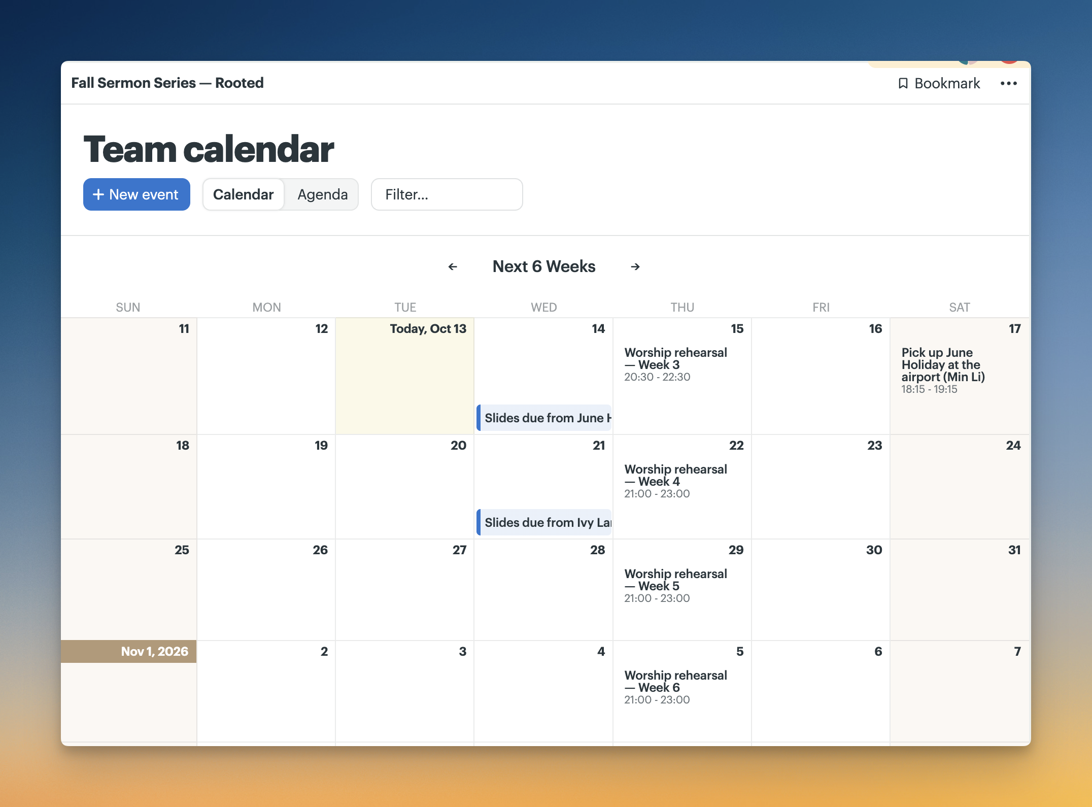 Screenshot of the Team calendar for “Fall Sermon Series — Rooted,” showing October and early November 2026 with scheduled worship rehearsals, guest speaker slide deadlines, and an airport pickup.