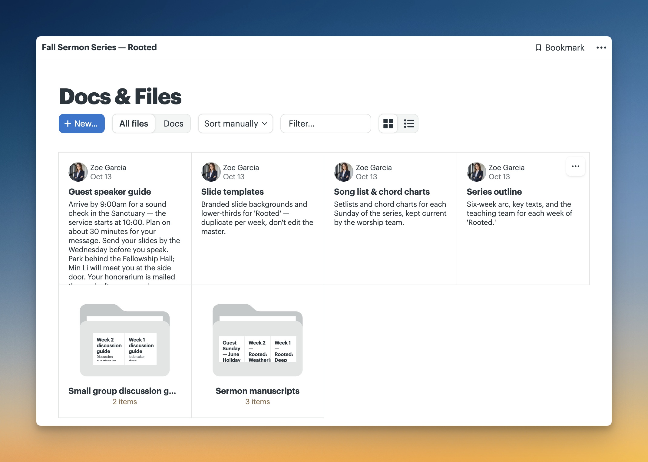 Screenshot of the Docs & Files page for “Fall Sermon Series — Rooted,” showing documents for the guest speaker guide, slide templates, song lists and chord charts, and series outline, along with folders for small group discussion guides and sermon manuscripts.