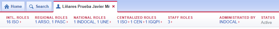 User account summary bar showing list of roles