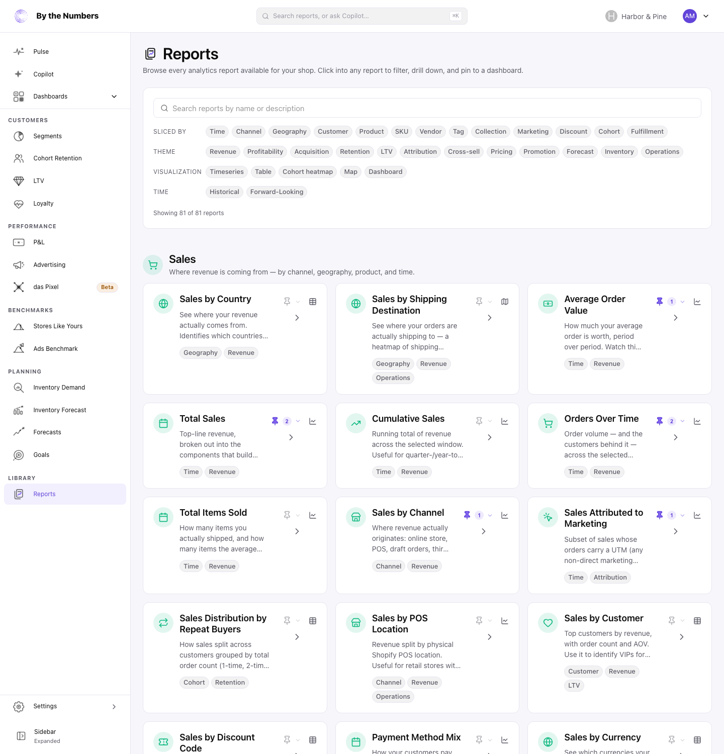 The Reports page, where you find a report by topic or by searching its name.