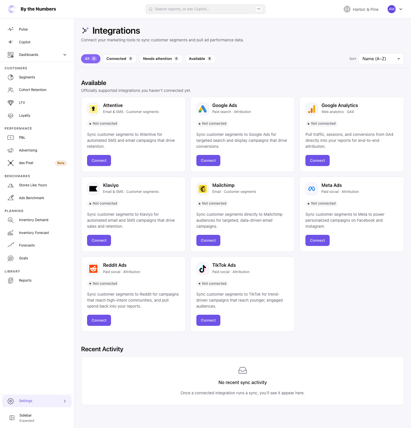 The Integrations page before anything is connected, with a Connect button on each card.