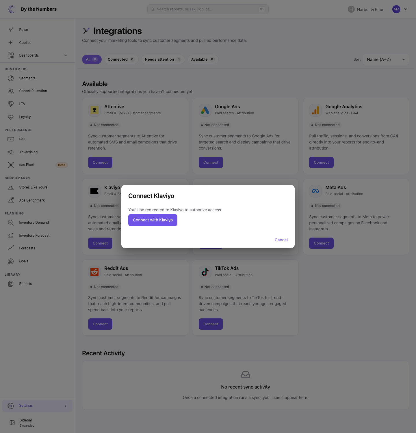 The Connect Klaviyo dialog, with a Connect with Klaviyo button that sends you to Klaviyo to approve access.