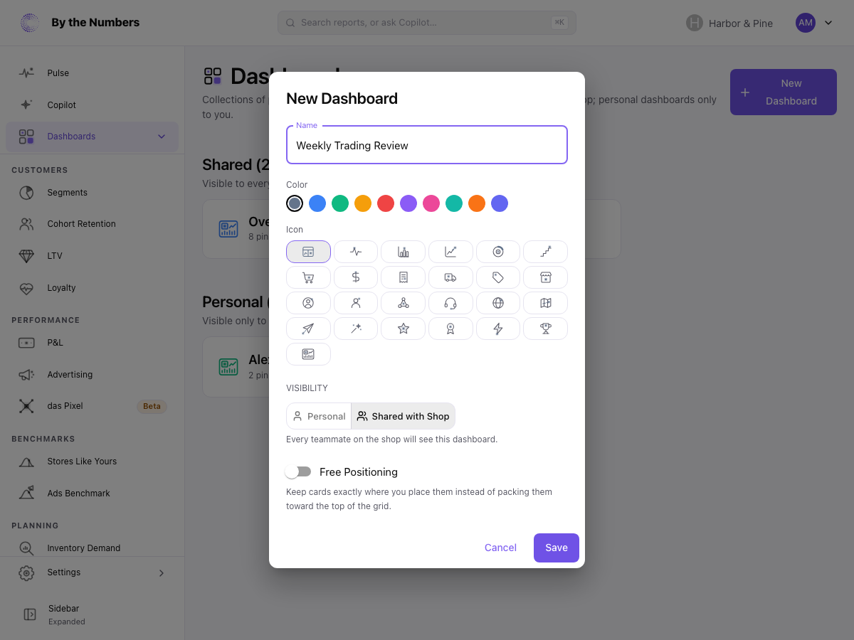 The New Dashboard dialog with a name entered and Shared with Shop selected