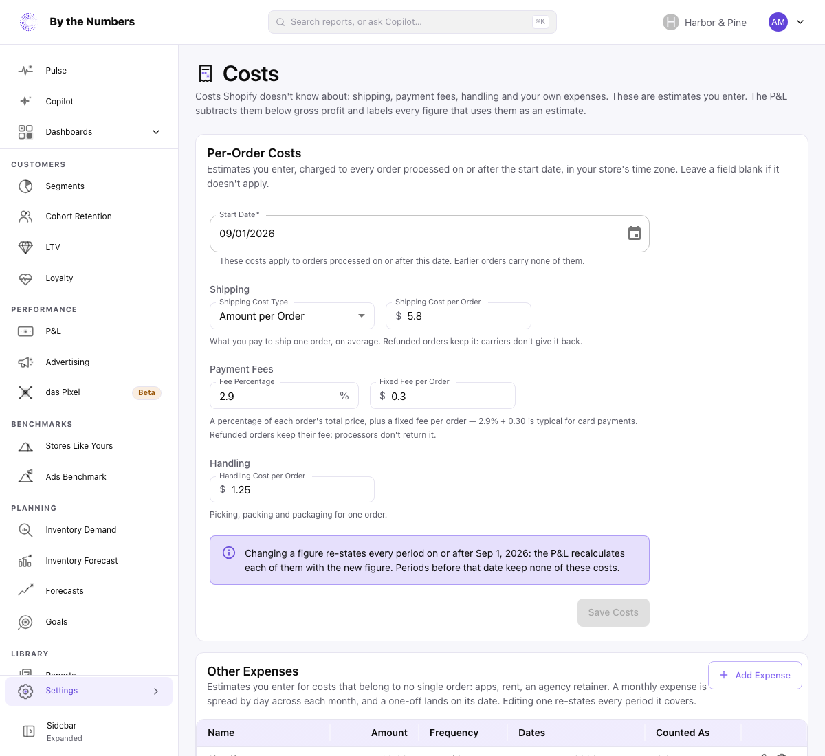 The Per-Order Costs card with a start date, shipping per order, payment fees and handling filled in